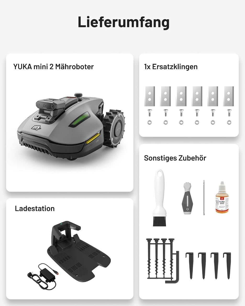 Mähroboter ohne Begrenzungskabel YUKA mini 2 500 KI Navigation automatische Mehrzonen Kartierung 500 m² Rasenpflege 45% Steigung