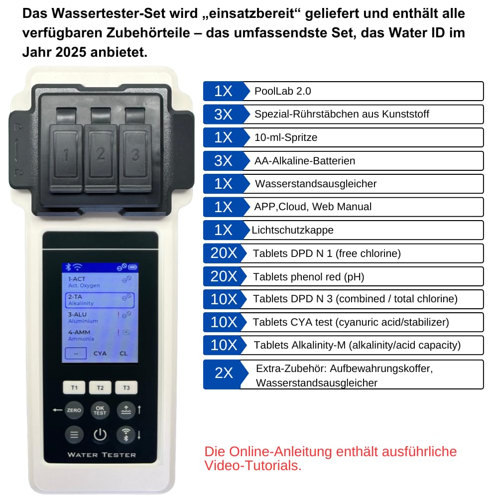 Pool Wasseranalysegerät 2.0 Set 27 Parameter WiFi Bluetooth App Pool Spa Whirlpool Messgerät inkl Koffer Wasserstandsausgleicher