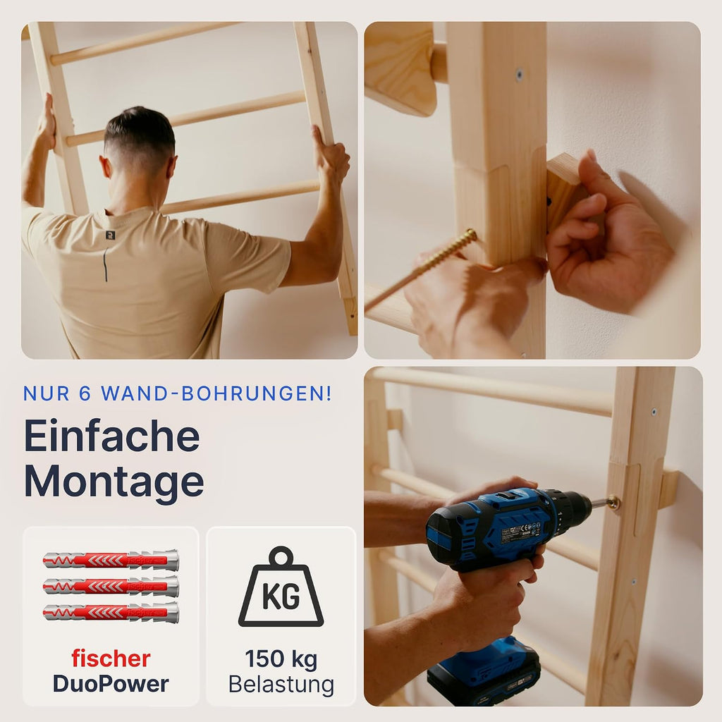 Sprossenwand Kletterwand mit Klimmzugstange und Dip Station Holz Trainingsgerät für Zuhause Kinder und Erwachsene 150 kg