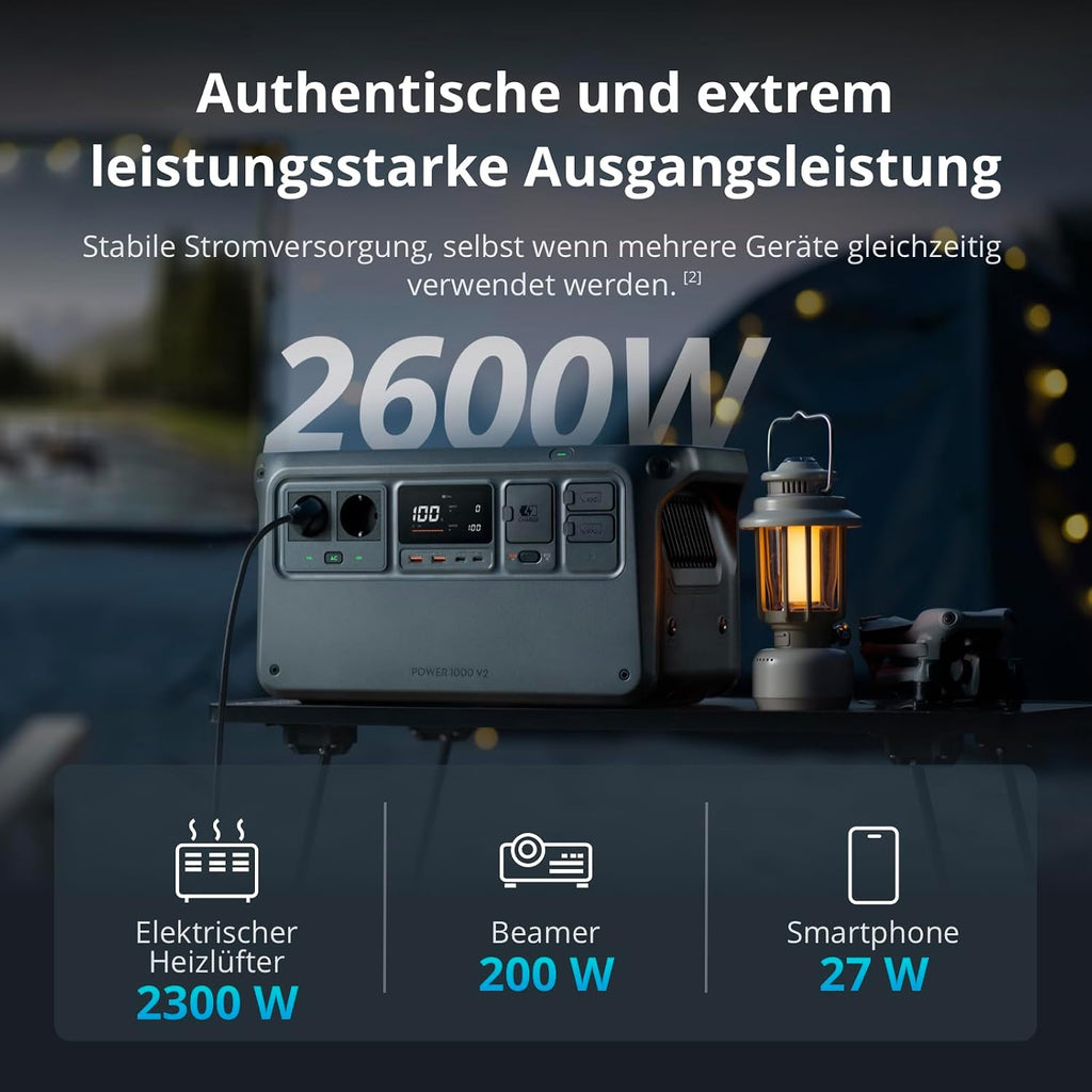 Tragbare Powerstation 1024Wh 2600W LiFePO4 Akku Solar Generator Schnellladung 37 Minuten 80 Prozent für Camping Haushalt Notstrom Wohnmobil