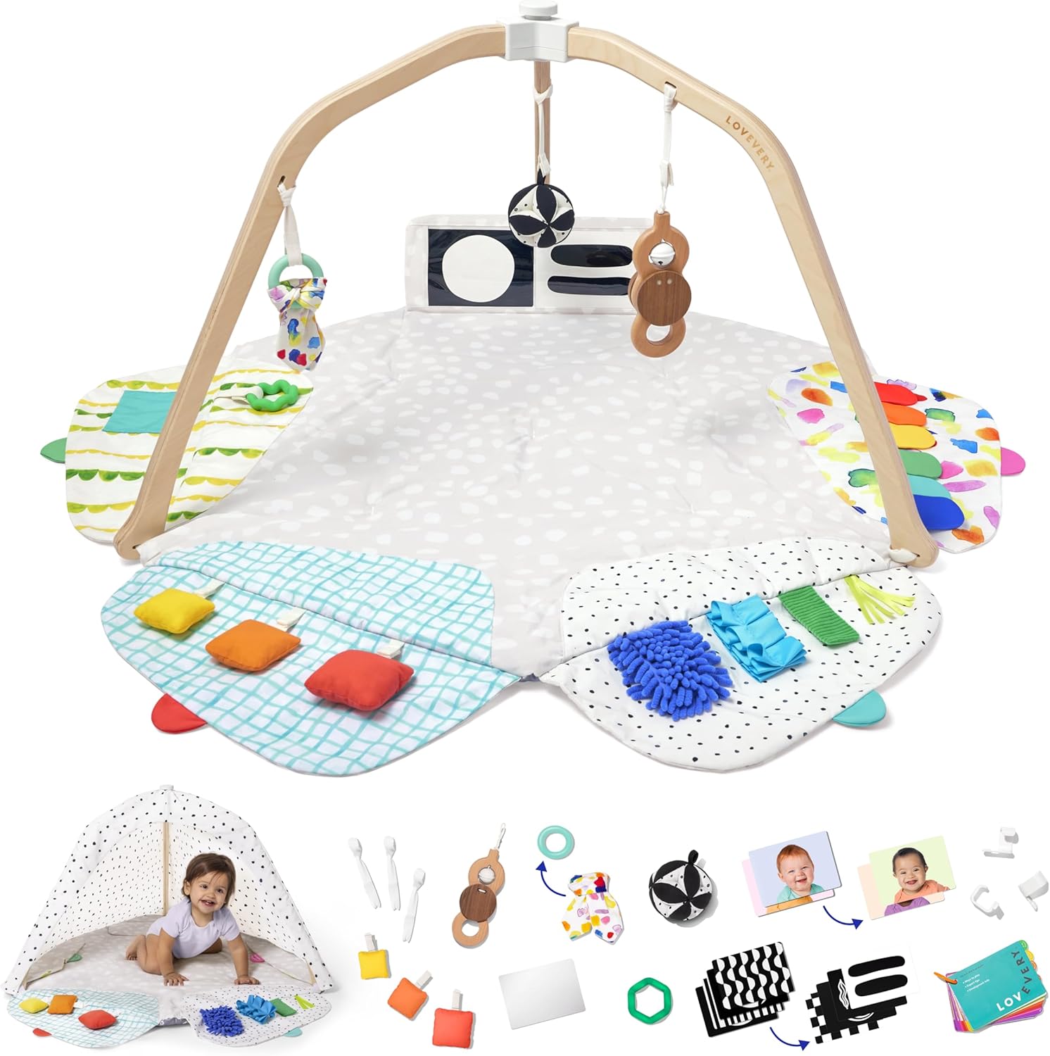 Baby Spielbogen mit Spielmatte Lovevery Play Gym 5 Entwicklungsbereiche mit 13 Aktivitätsspielzeugen für Babys