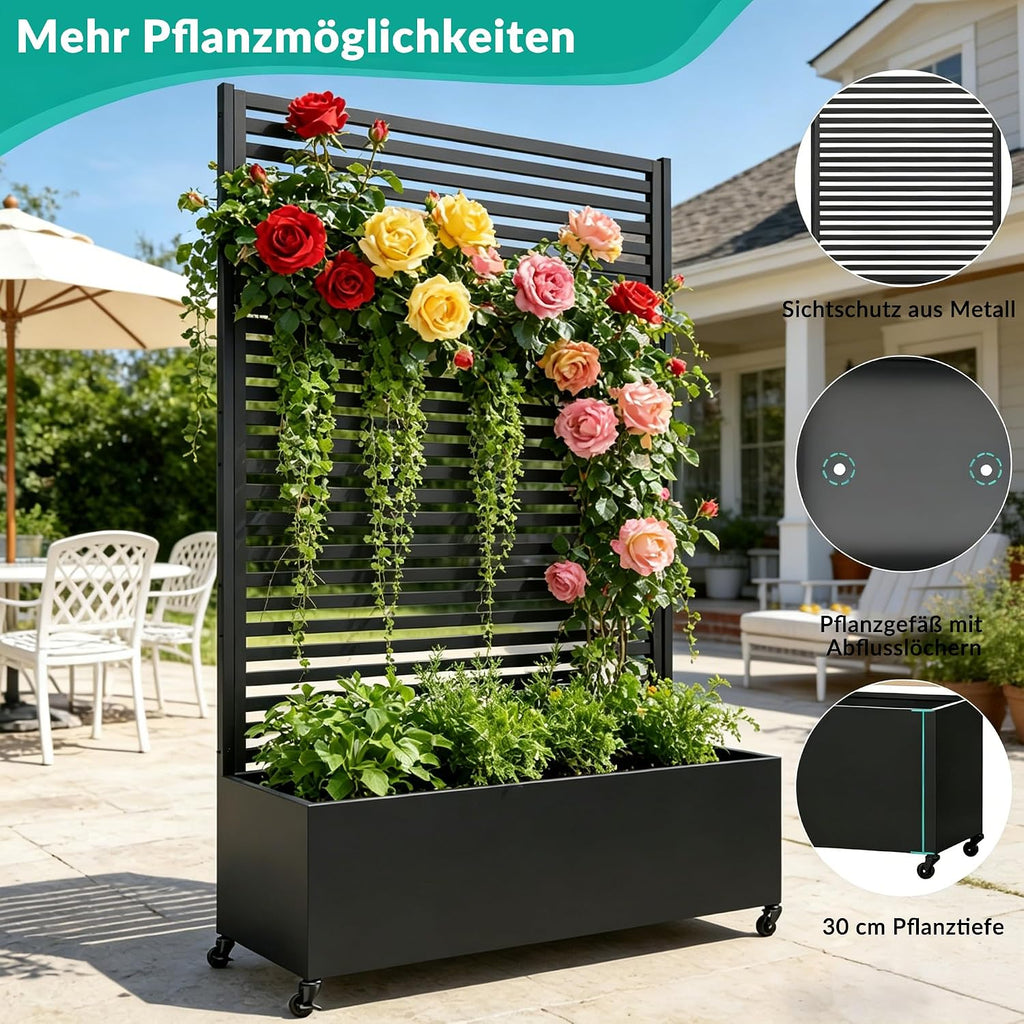 Pflanzkasten mit Spalier Metall Hochbeet auf Rollen Sichtschutz 120x40x185 cm rechteckig Garten Balkon Terrasse