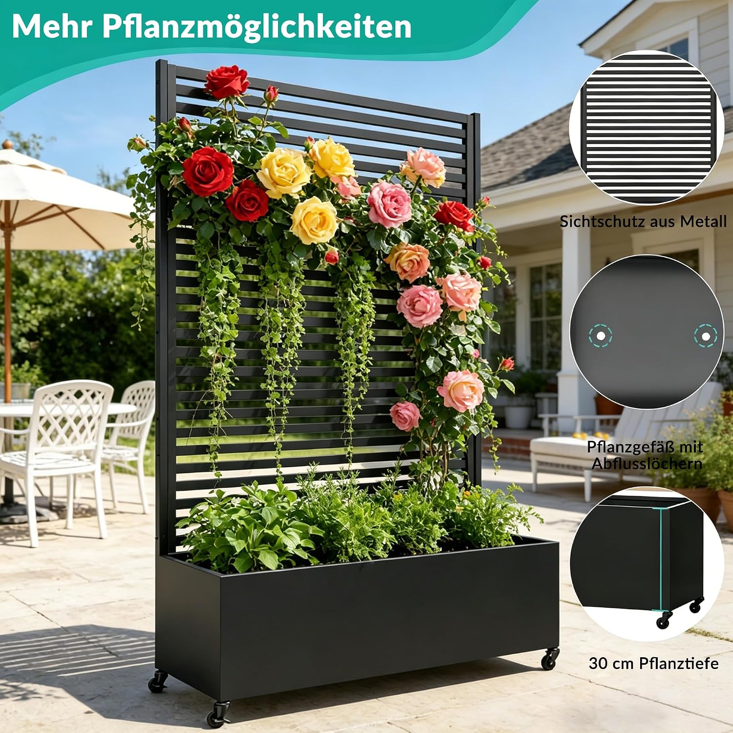 Pflanzkasten mit Spalier Metall Hochbeet auf Rollen Sichtschutz 120x40x185 cm rechteckig Garten Balkon Terrasse
