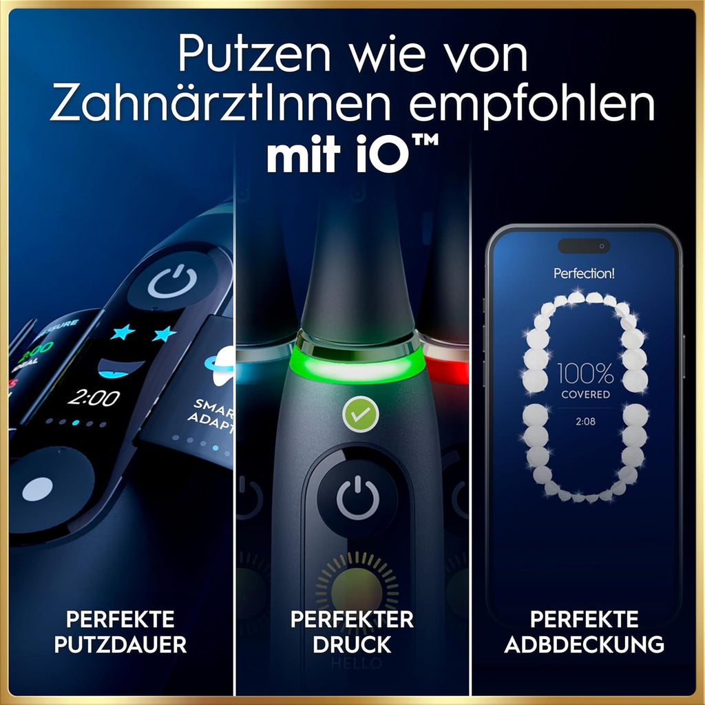 Elektrische Zahnbürste mit Aufsteckbürsten iO Series 9 wiederaufladbar 7 Reinigungsmodi Smart Druckkontrolle Rundbürstenkopf Schwarz