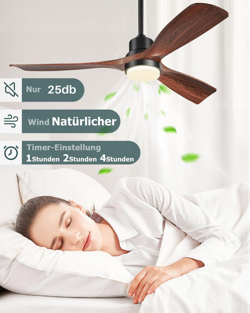 Deckenventilator mit LED-Beleuchtung und Fernbedienung QX-01-DE1 132 cm DC-Motor 3 Holzflügel 6 Geschwindigkeiten
