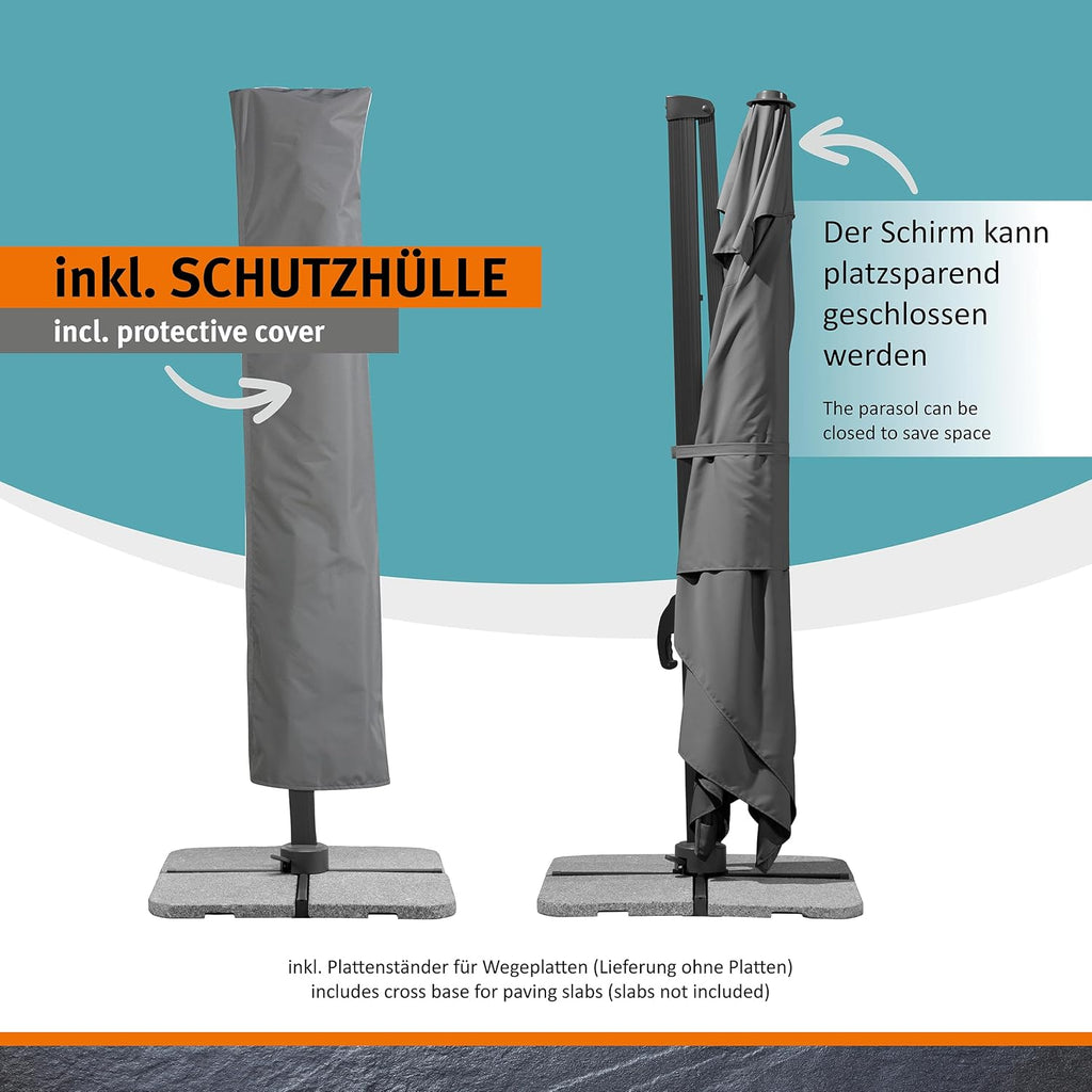 Ampelschirm Rhodos Grande 400x300 cm Rechteckig Aluminium Gestell UV50+ Polyester Kurbel 360 Grad Drehfunktion Anthrazit