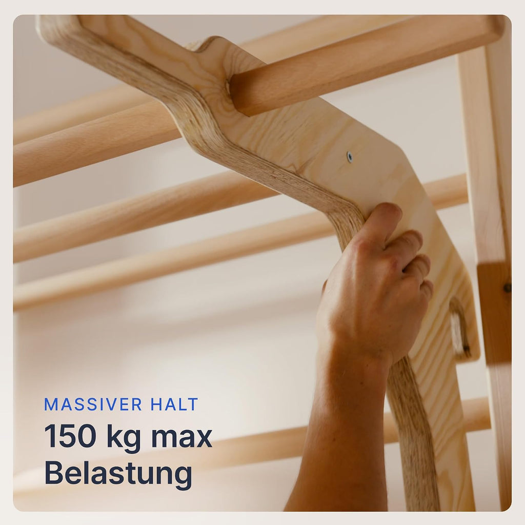Sprossenwand Kletterwand mit Klimmzugstange und Dip Station Holz Trainingsgerät für Zuhause Kinder und Erwachsene 150 kg