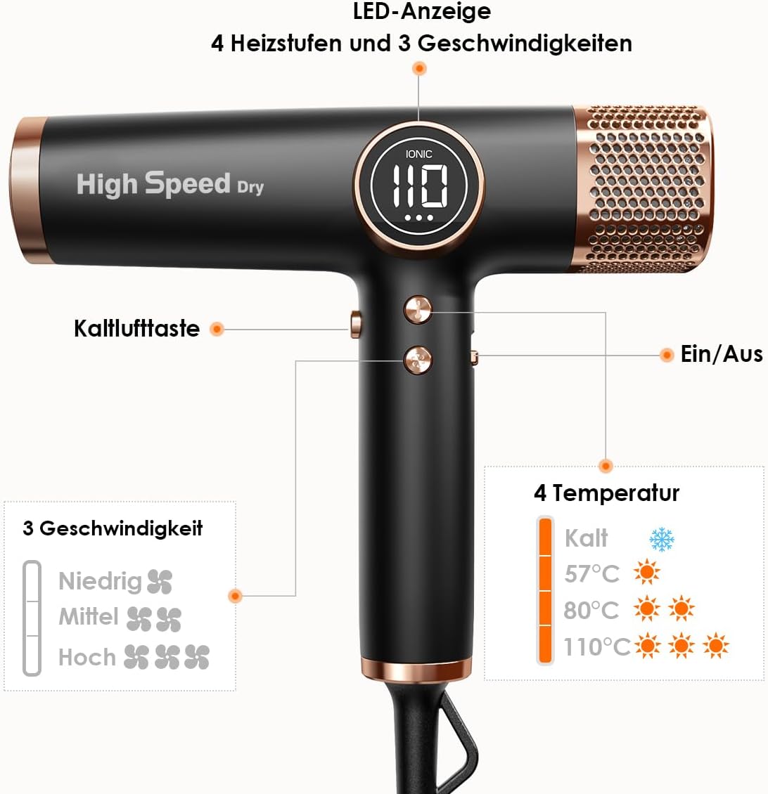 Haartrockner 110000 RPM bürstenloser Motor 200 Millionen Ionen LED Anzeige 3 Magnetdüsen 1700W schnelles Trocknen leicht leise