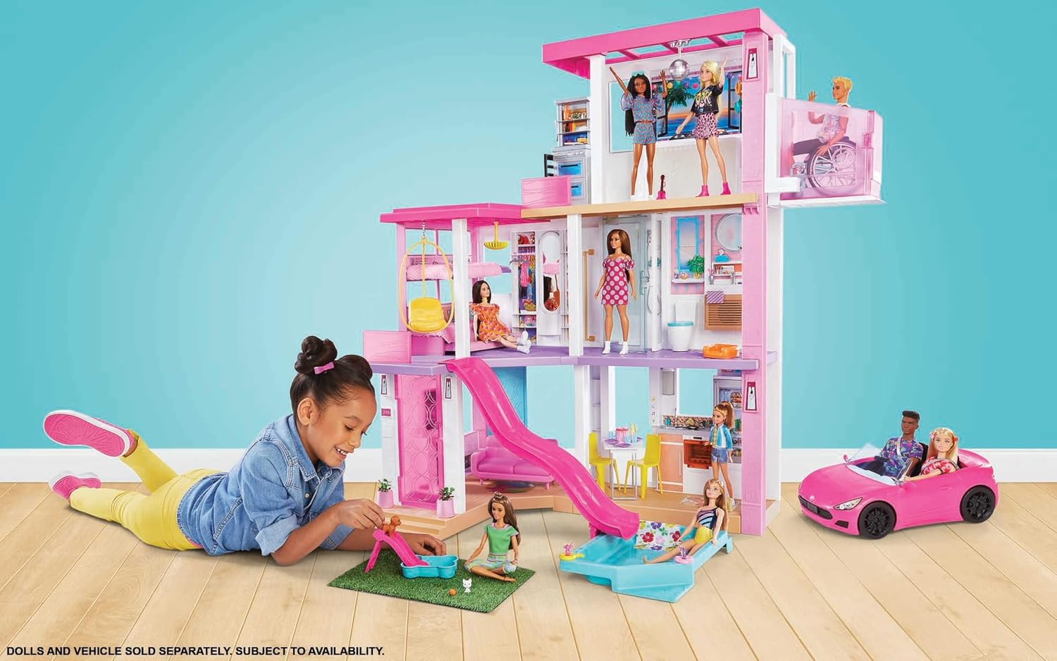 Puppenhaus Spielset 3 Etagen mit Pool Rutsche Aufzug Licht und Sound 75 Zubehörteile Modell GRG93