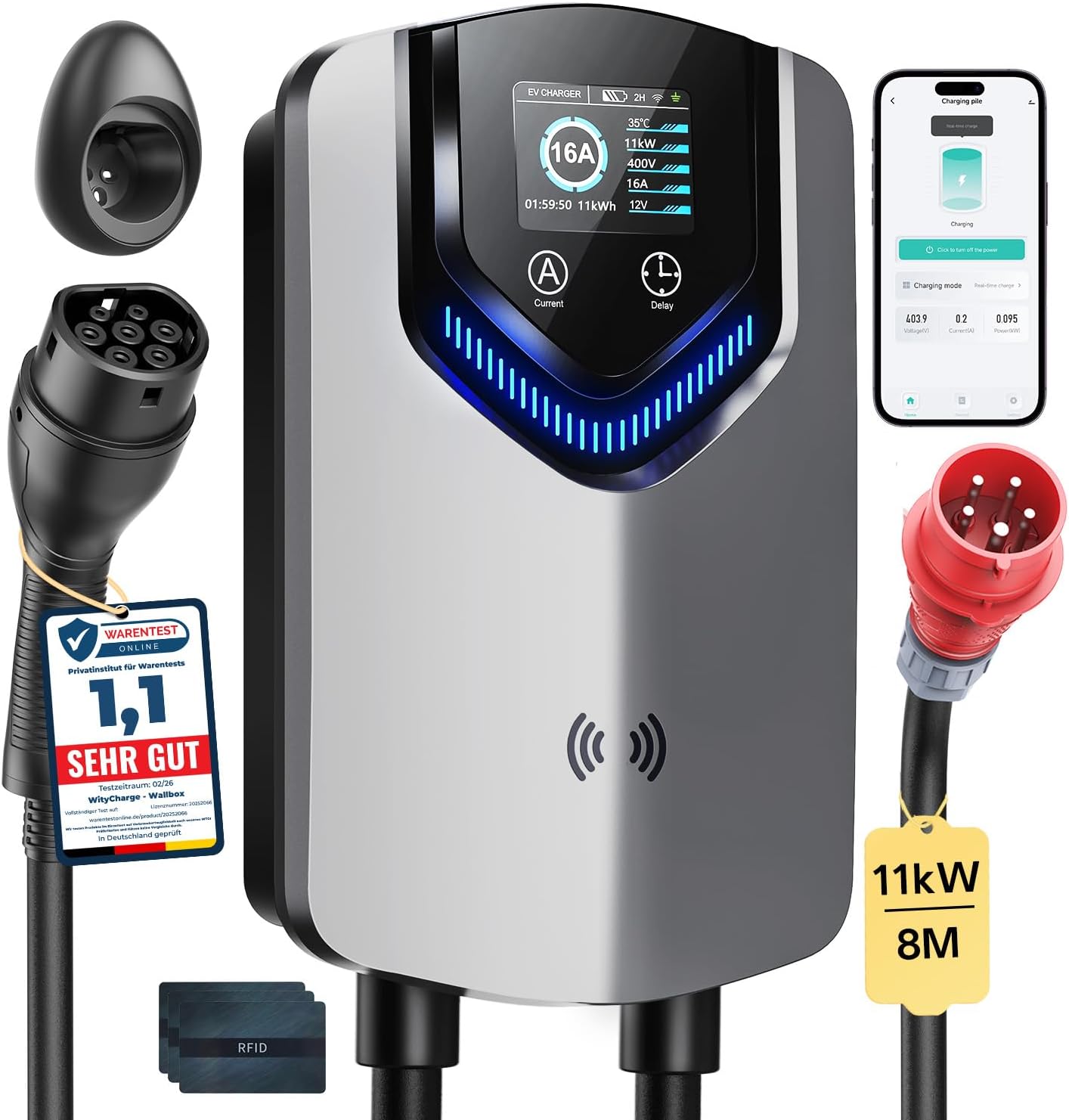 Wallbox Ladegerät Laden APP RFID 11kW 400V 6-16A Typ 2 EV Ladestation 8m Kabel mit Kabelhalter