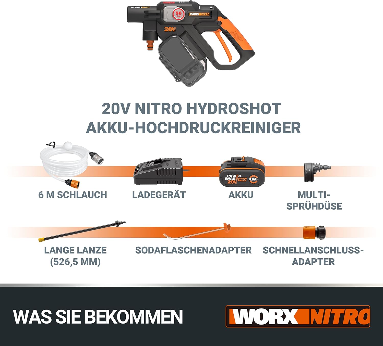 Akku-Hochdruckreiniger WG633E 20V mit 56 Bar Druck 5-in-1 Düse 4Ah Akku Ladegerät und 6m Wasserschlauch