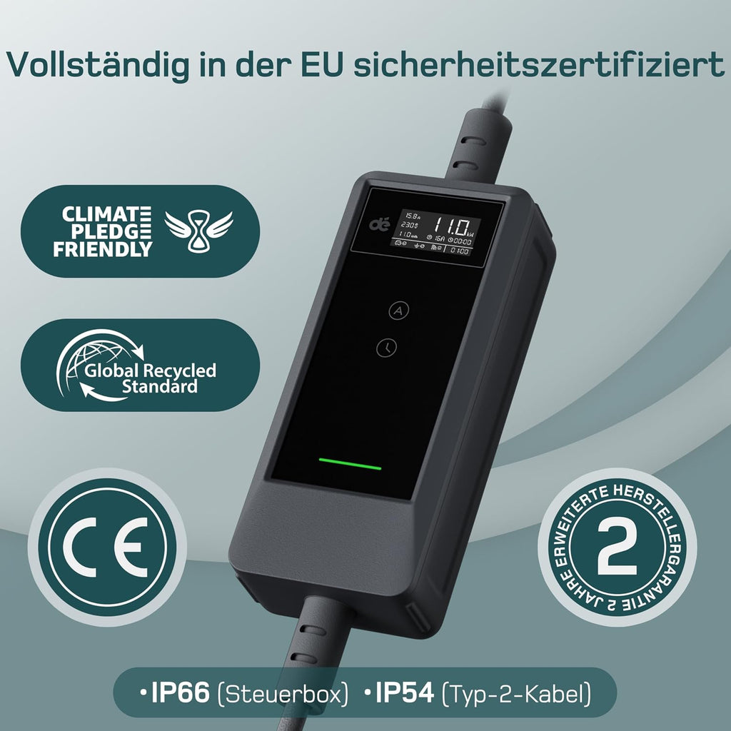 Mobile Wallbox 11kW Typ 2 10m 3-phasig 6-16A CEE 400V EV Ladegerät Einstellbare Ladeleistung App Steuerung