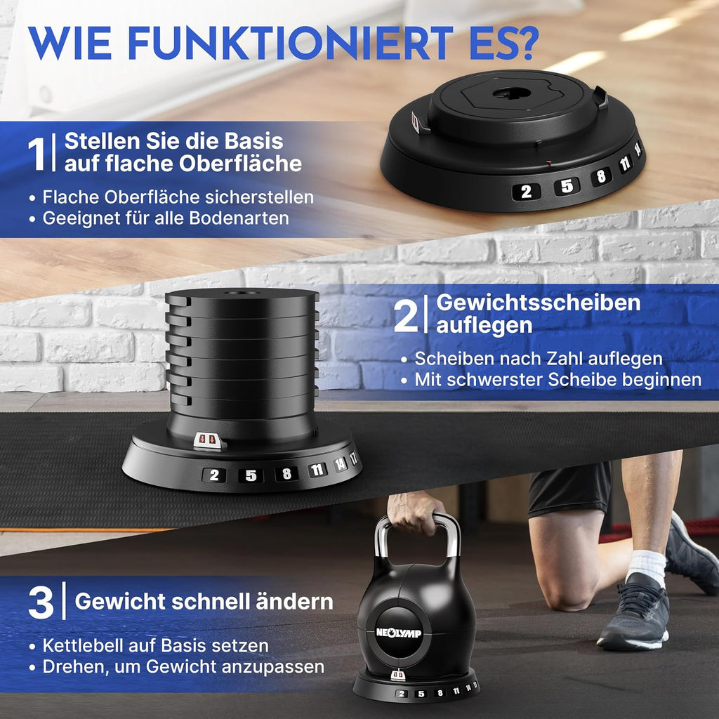 Verstellbare Kettlebell 7-in-1 2-20 kg Kugelhantel für Ganzkörpertraining mit robustem Edelstahlgriff und Gewichtssystem