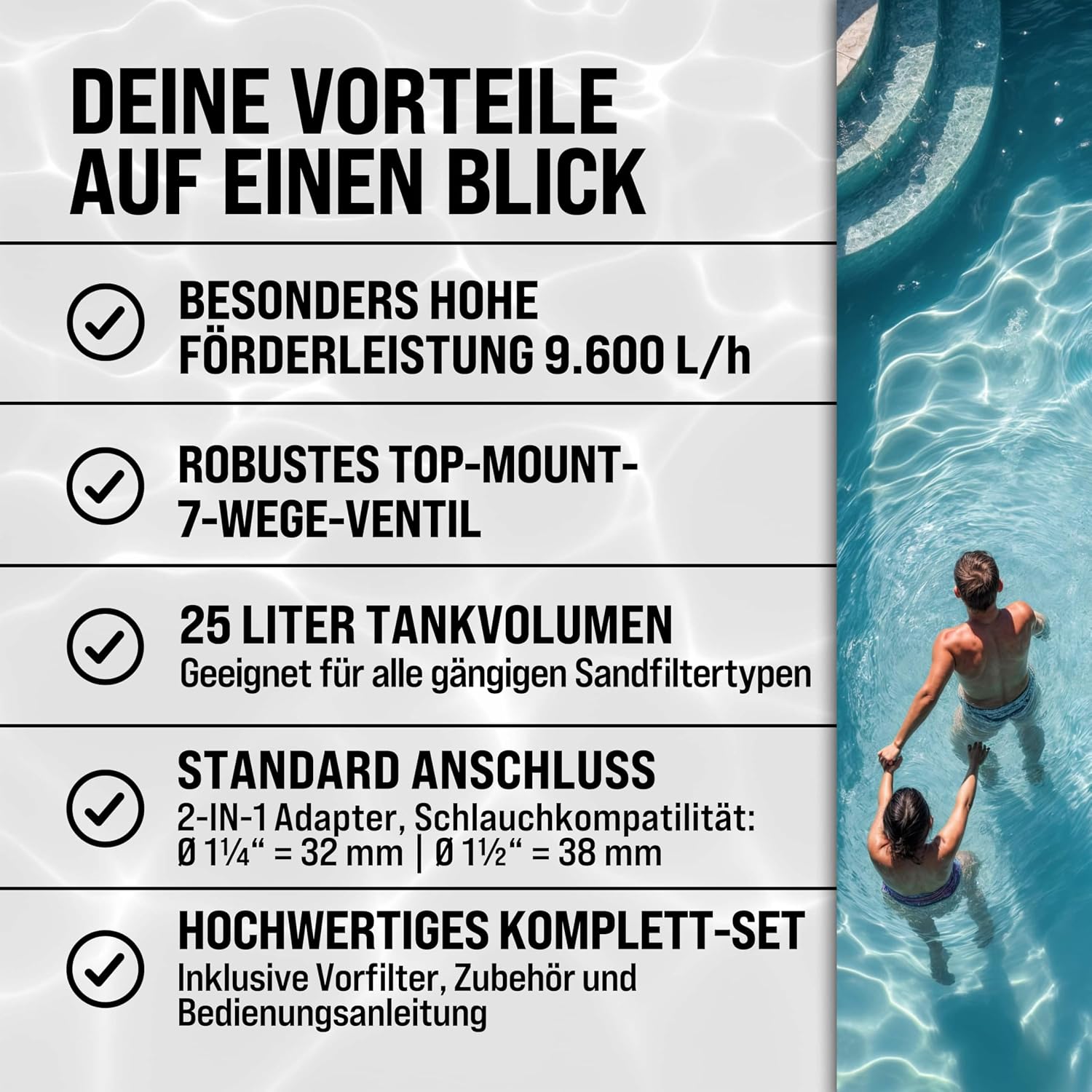 Sandfilteranlage SF96K 9600 l/h 400 W bis 30000 L Pool 7-Wege Ventil selbstansaugend Ø32-38 mm Adapter Poolfilterpumpe