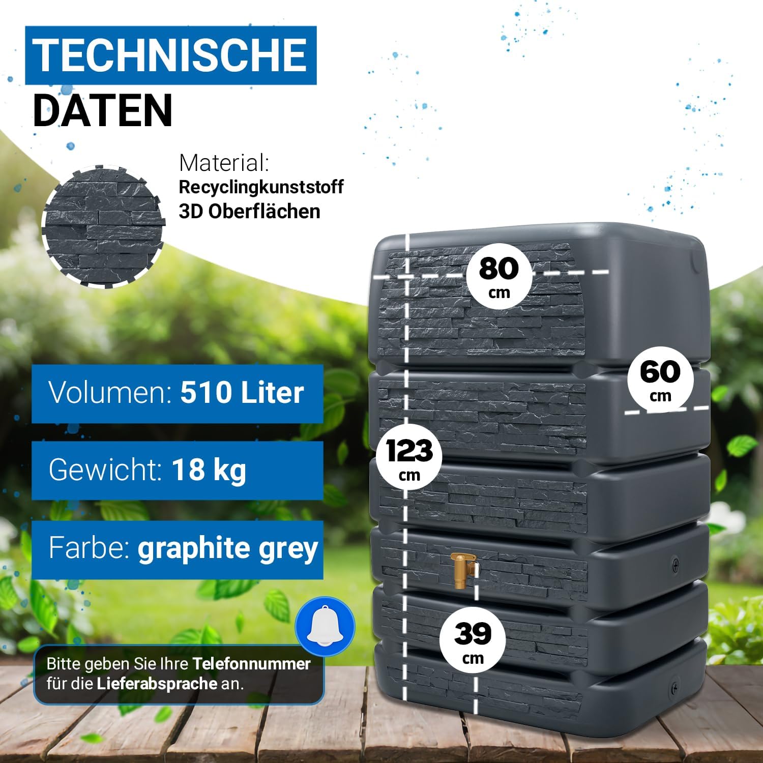 Regenwassertank 510 Liter Slim Stone Design Regentonne Mauertank Wandtank Kunststoff Graphite Grey