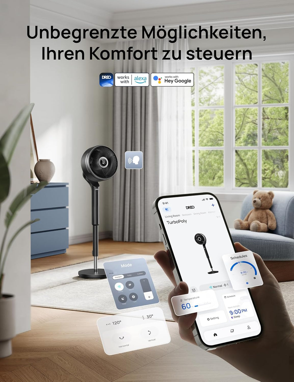 Standventilator 3D Oszillation 12 Stufen 6 Modi leiser DC Motor mit Fernbedienung Timer 20 dB Modell DR-HPF015S