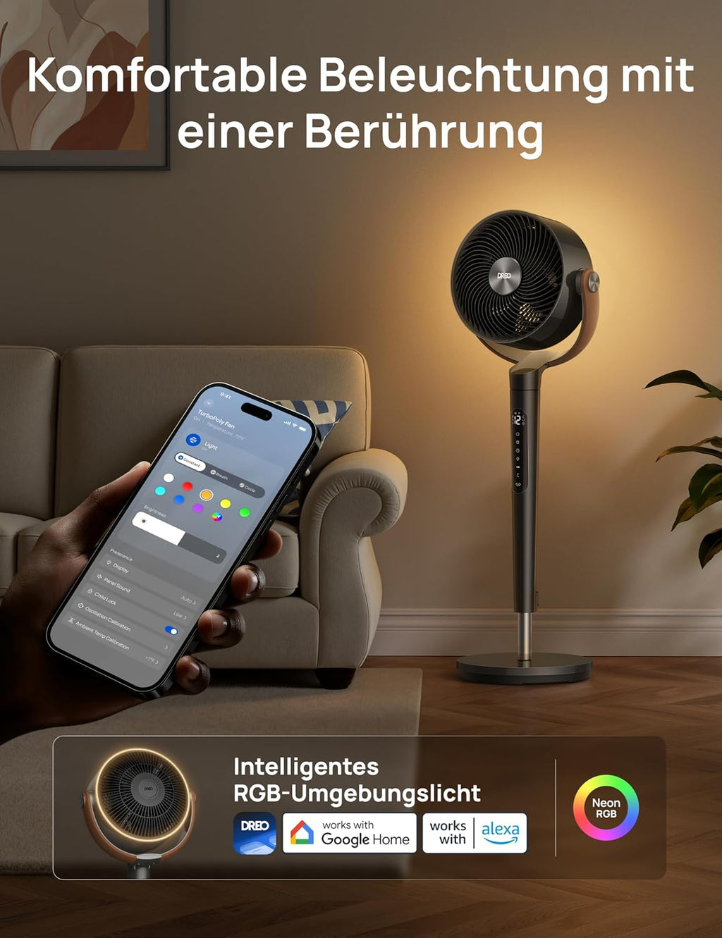 Standventilator Smart Bodenventilator DR-HAF003S mit WLAN RGB LED 150° Oszillation 12 Geschwindigkeiten 2209m³/h Luftstrom