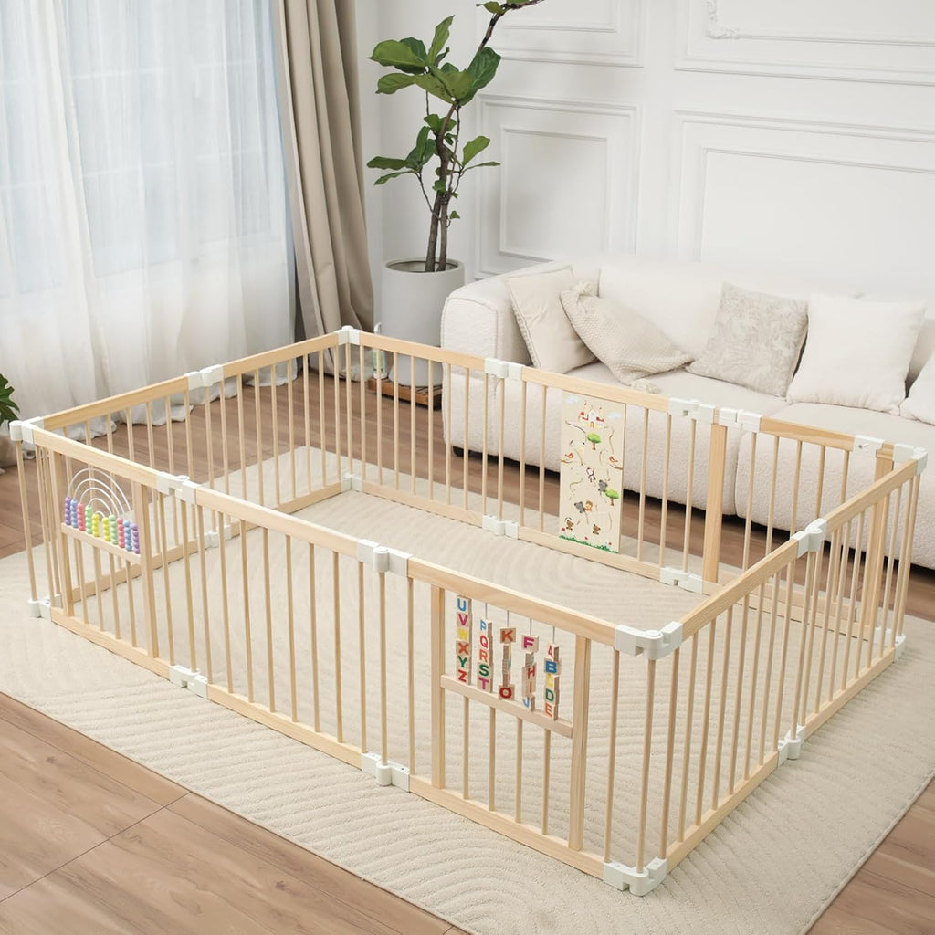 Baby Laufstall faltbares Holz Laufgitter 214 x 141 x 61 cm Spiel- und Sicherheitsbereich für Kleinkinder
