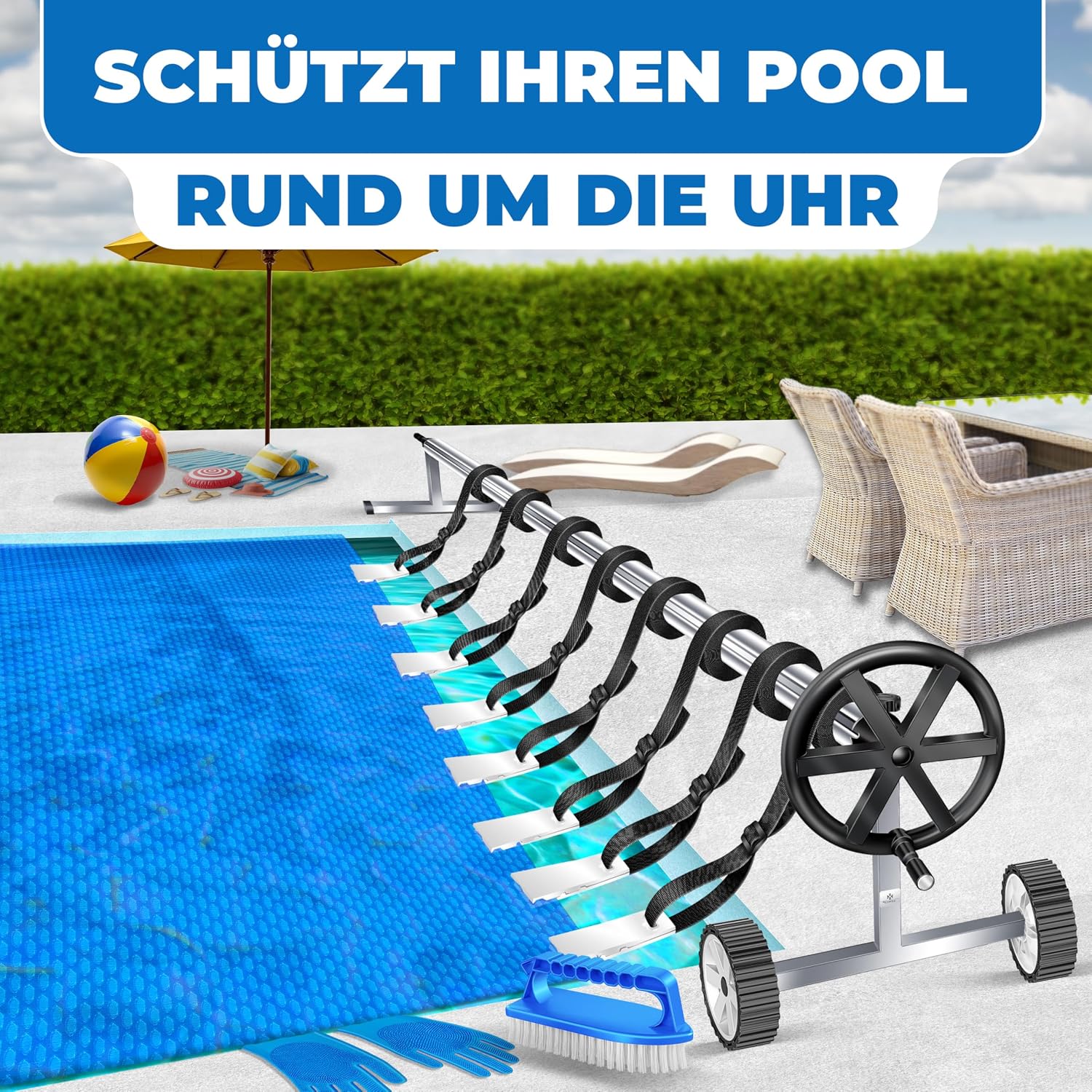 Poolaufroller für Solarplane GS Serie 3 m bis 5,7 m höhenverstellbar mit Rädern und Befestigungsbändern