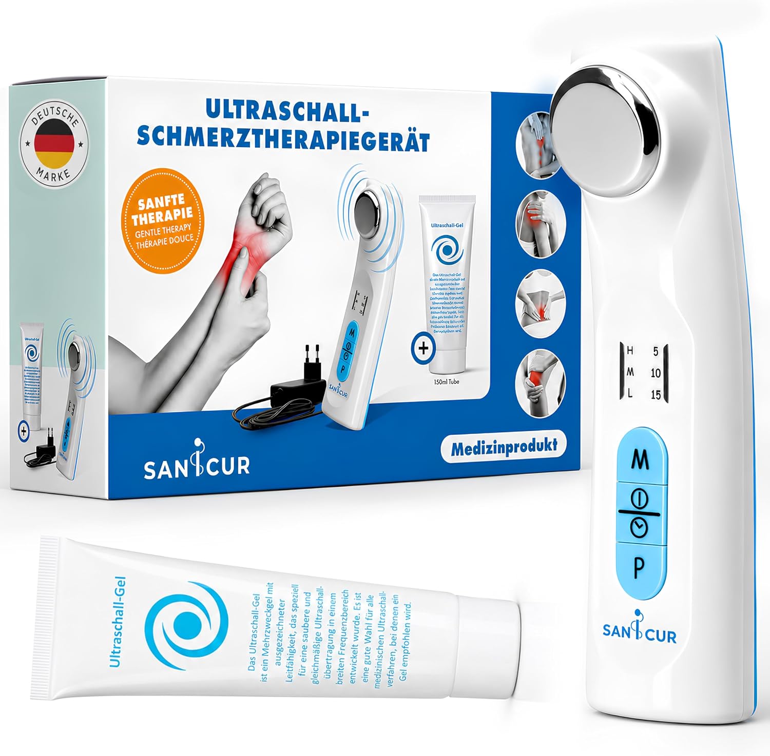 Ultraschalltherapie Gerät 1 MHz mit 3 Intensitätsstufen und Impulsmodus inklusive 150 ml Ultraschallgel