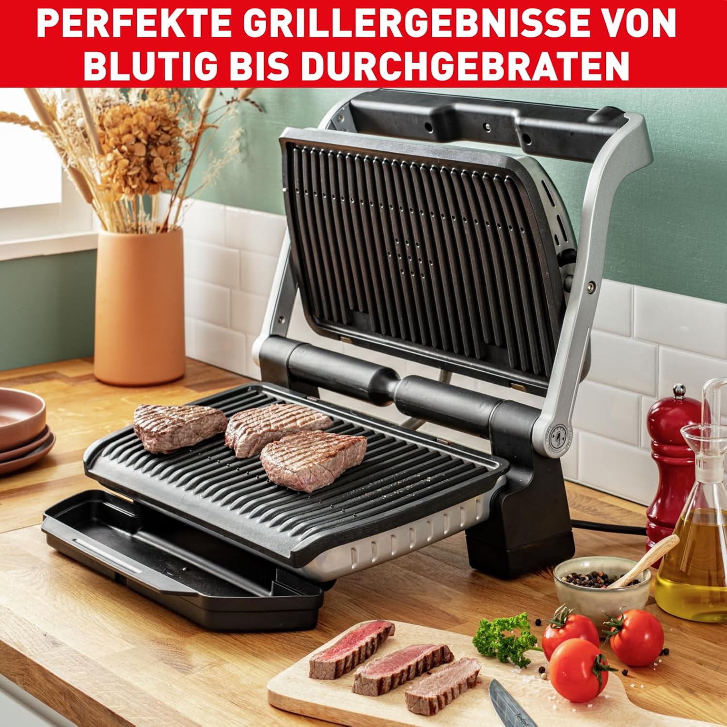 Kontaktgrill OptiGrill+ XL GC722D16 2000W mit 9 Grillprogrammen manueller Modus abnehmbaren Grillplatten und Garstufenanzeige