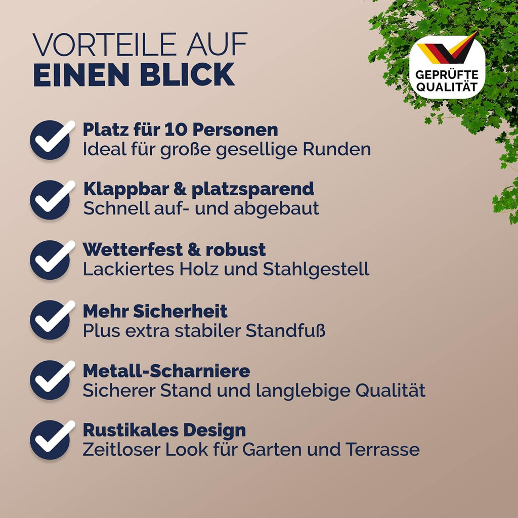 Bierzeltgarnitur klappbar 220 cm Holz Festzeltgarnitur 2 Bänke 1 Tisch Set für bis zu 10 Personen
