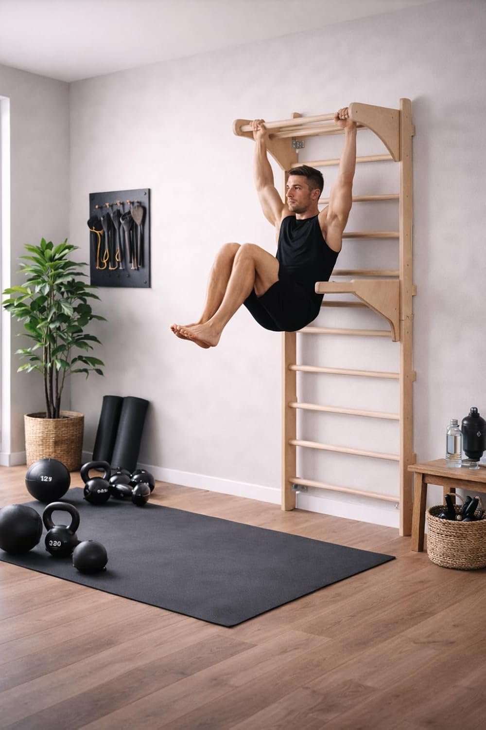Sprossenwand mit Klimmzugstange 230 cm Holz Kletterleiter Wandmontage mit Gym Ringen und Dip Barren Multifunktionales Fitnessgerät