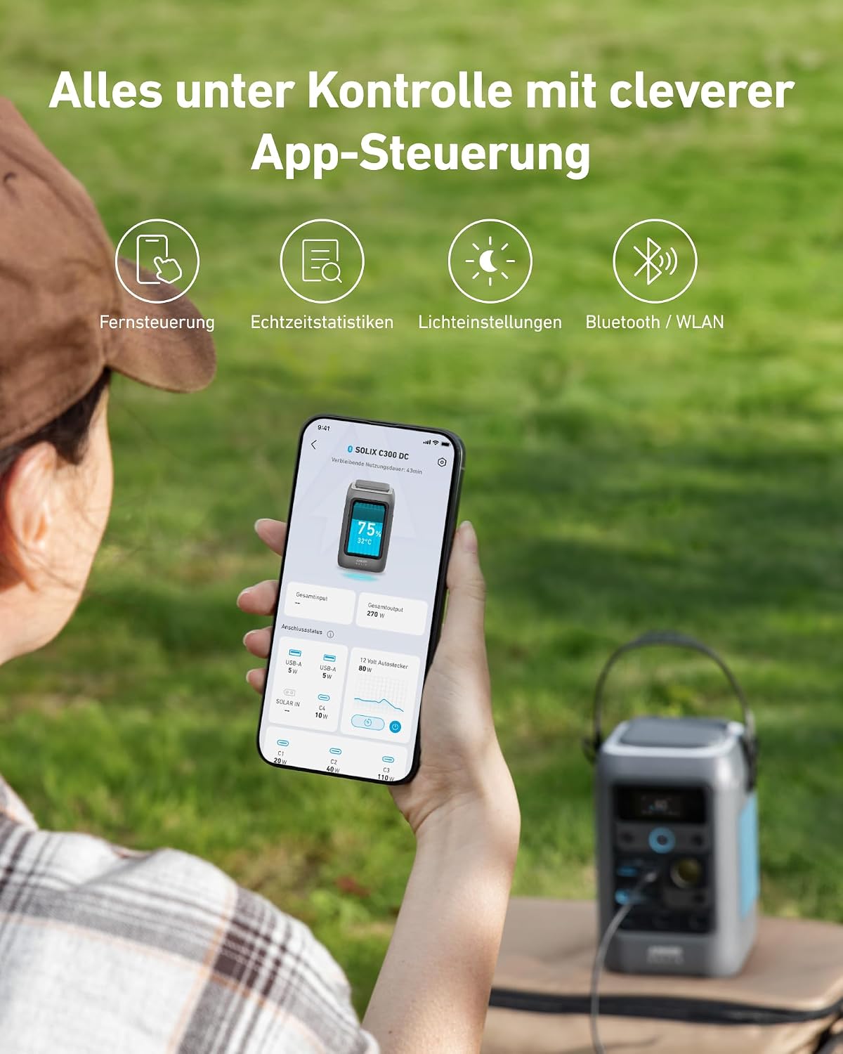 Tragbare Powerstation C300 288Wh LiFePO4 Akku 300W Ausgangsleistung mit USB-C Anschlüssen und Solarladefunktion