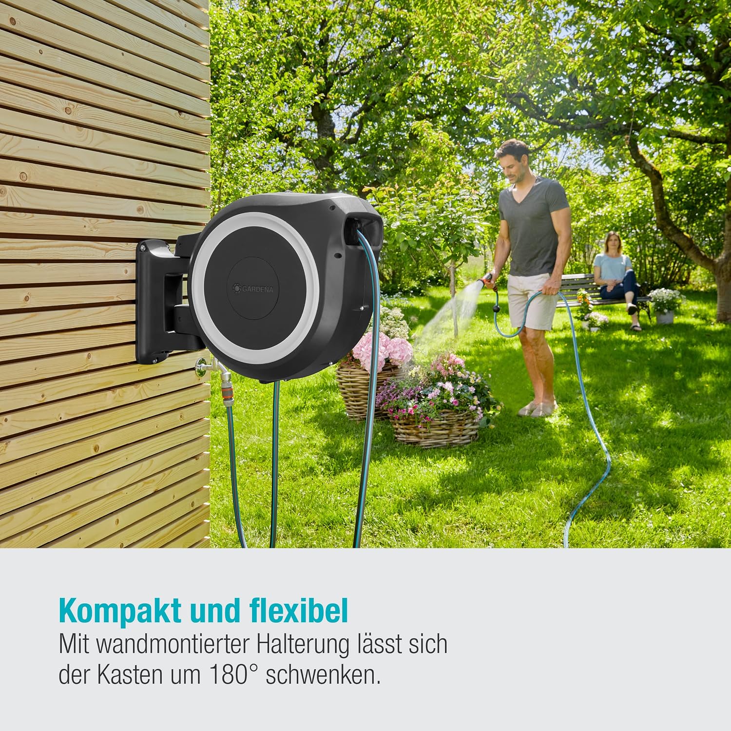 Wand-Schlauchbox RollUp XL 35 m automatische Schlauchaufbewahrung mit schwenkbarer Wandhalterung inkl. Spritze und Montagezubehör
