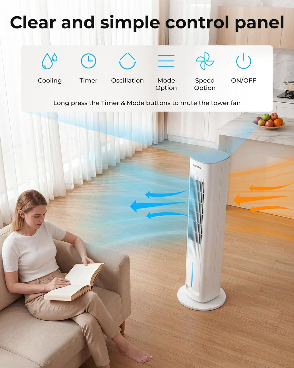 Turmventilator mit Wasserkühlung ATF-026L 38 Zoll 60W Verdunstungskühler mit Fernbedienung 3 Stufen 12H Timer