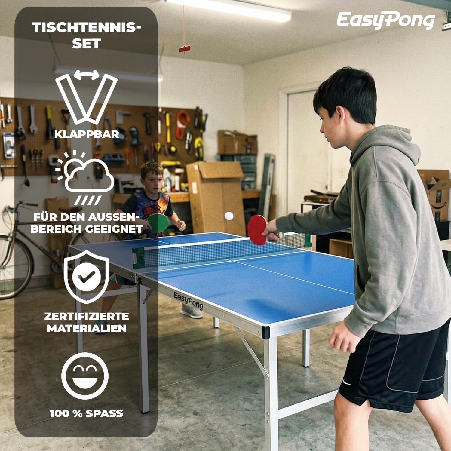 Tischtennisplatte EASYPONG klappbar 182x91 cm mit 2 Schlägern und 4 Bällen für Indoor Nutzung