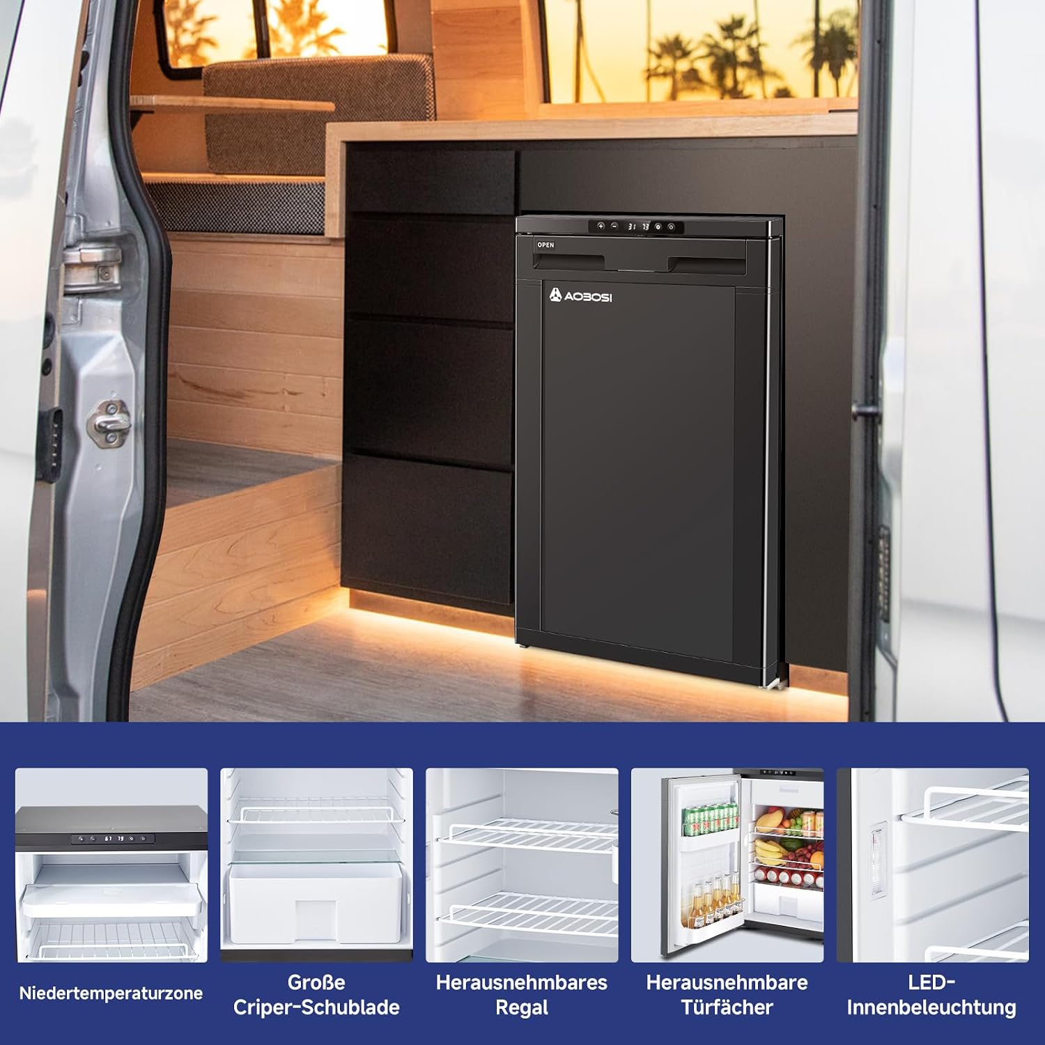 Kompressor Kühlbox 83L AAOBOSI 12V 24V Auto Kühlschrank mit APP Steuerung LED Beleuchtung für Wohnmobil LKW Boot Camping