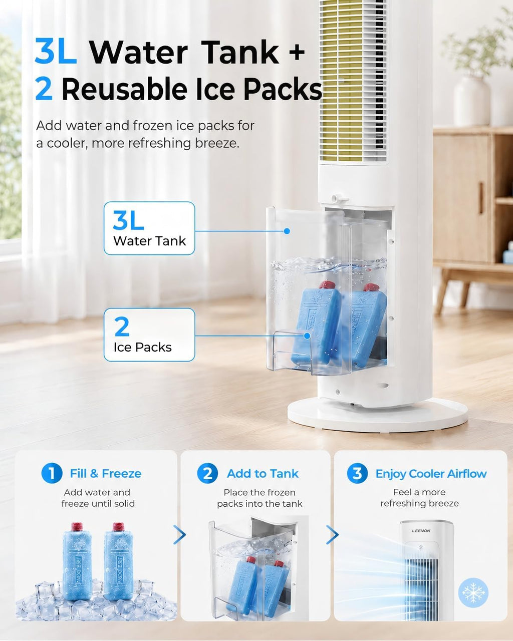 Turmventilator mit Wasserkühlung ATF-026L 38 Zoll 60W Verdunstungskühler mit Fernbedienung 3 Stufen 12H Timer