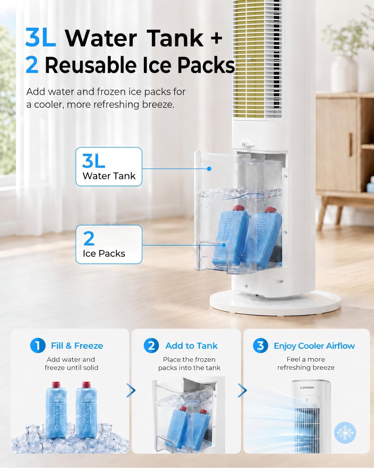 Turmventilator mit Wasserkühlung ATF-026L 38 Zoll 60W Verdunstungskühler mit Fernbedienung 3 Stufen 12H Timer