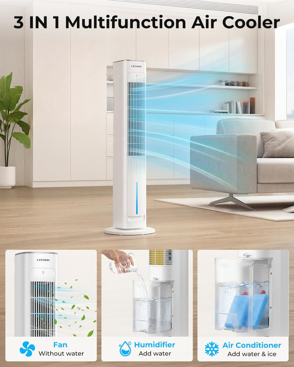 Turmventilator mit Wasserkühlung ATF-026L 38 Zoll 60W Verdunstungskühler mit Fernbedienung 3 Stufen 12H Timer
