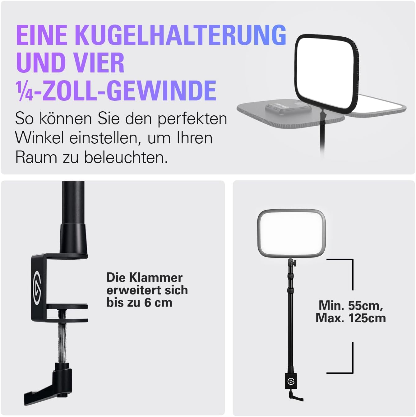 Studiolicht LED Panel 2800 Lumen mit einstellbarer Farbtemperatur 2900-7000K App Steuerung Tischklemme für Streaming und Videokonferenzen