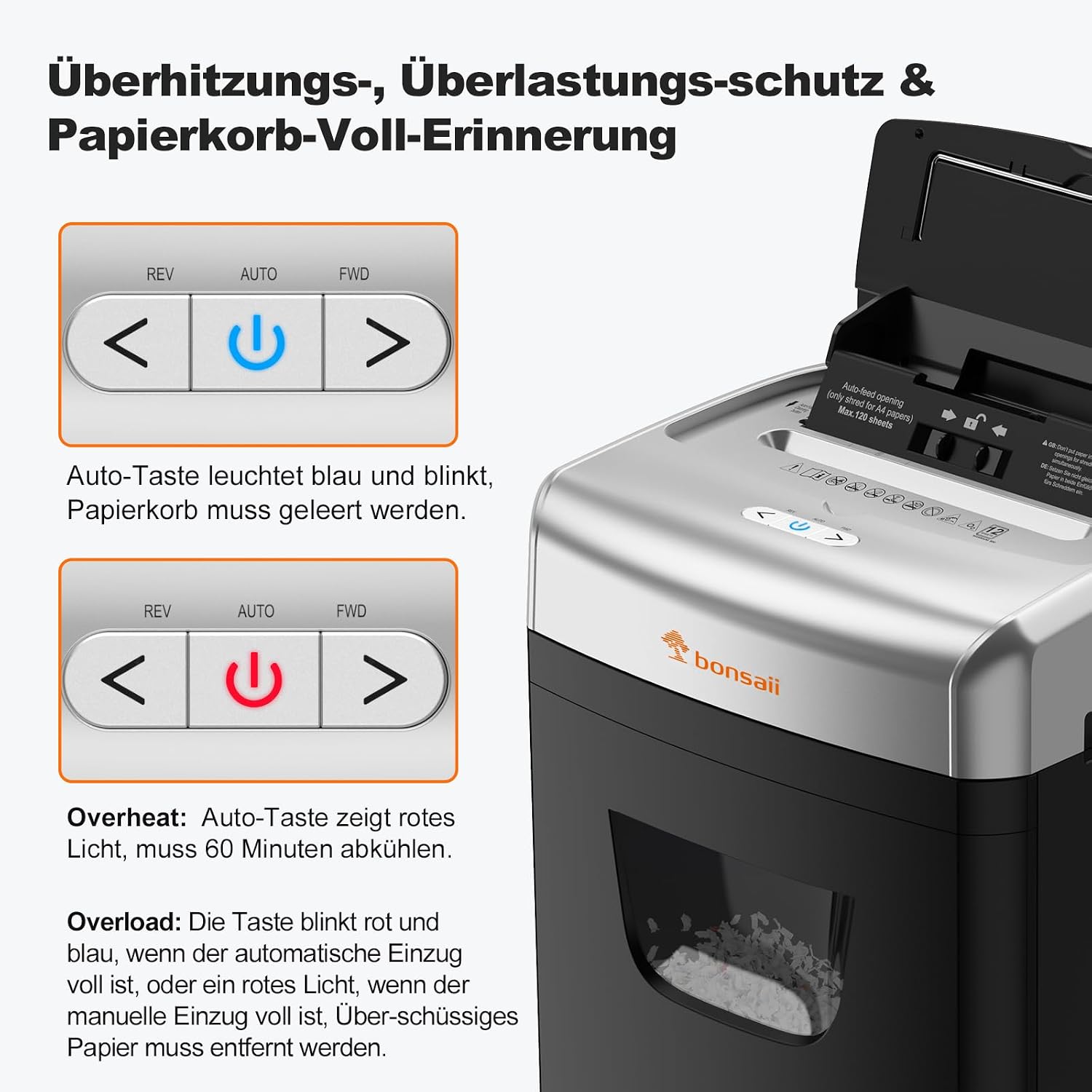 Aktenvernichter C233-B mit automatischem Einzug 120 Blatt Partikelschnitt P-4 23L Behälter 62dB mit 4 Rädern