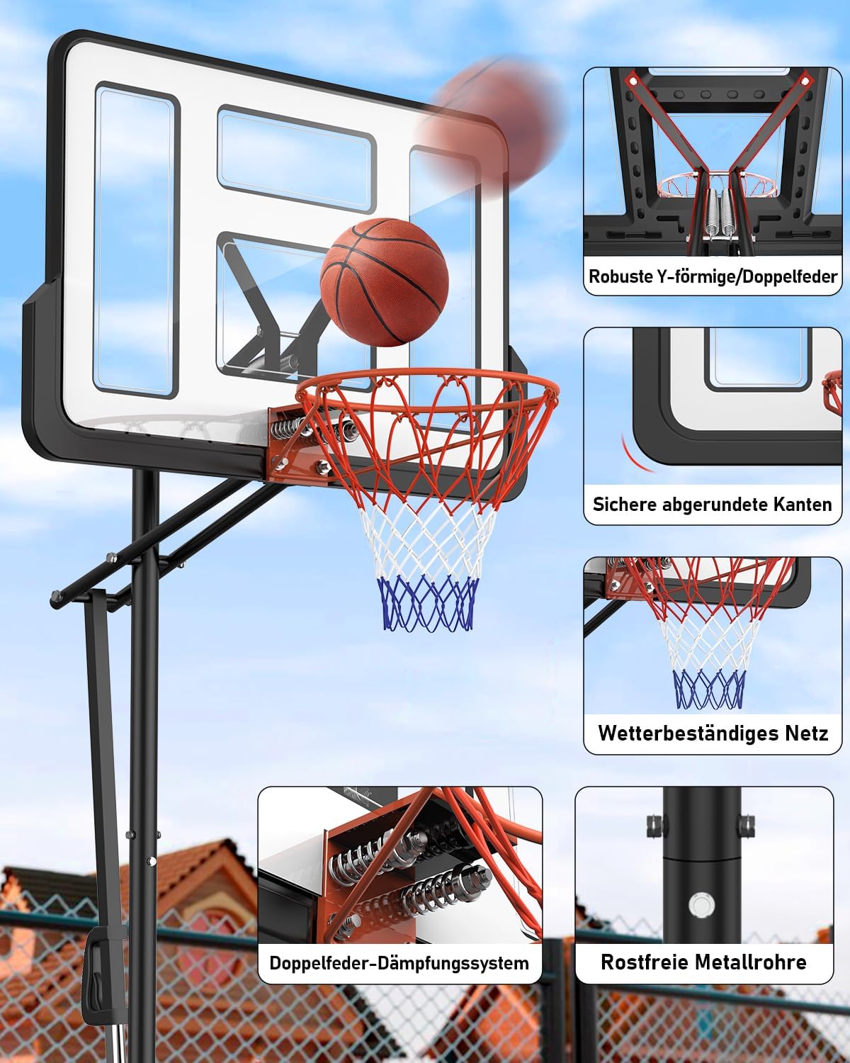 Basketballkorb Outdoor höhenverstellbar 145-305 cm Rückwand 110x75 cm mit Gewichtssack Ständer LM052