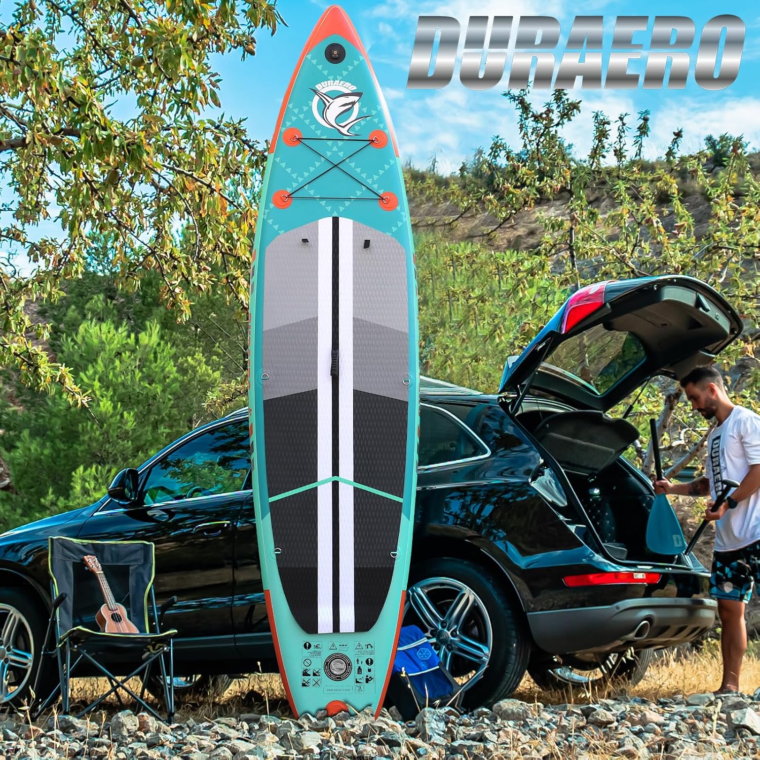 Aufblasbares SUP Board Set mit Kajak Sitz 330x76x15 cm bis 150 kg Tragkraft mit Doppel-Paddel 3 Finnen und Zubehör