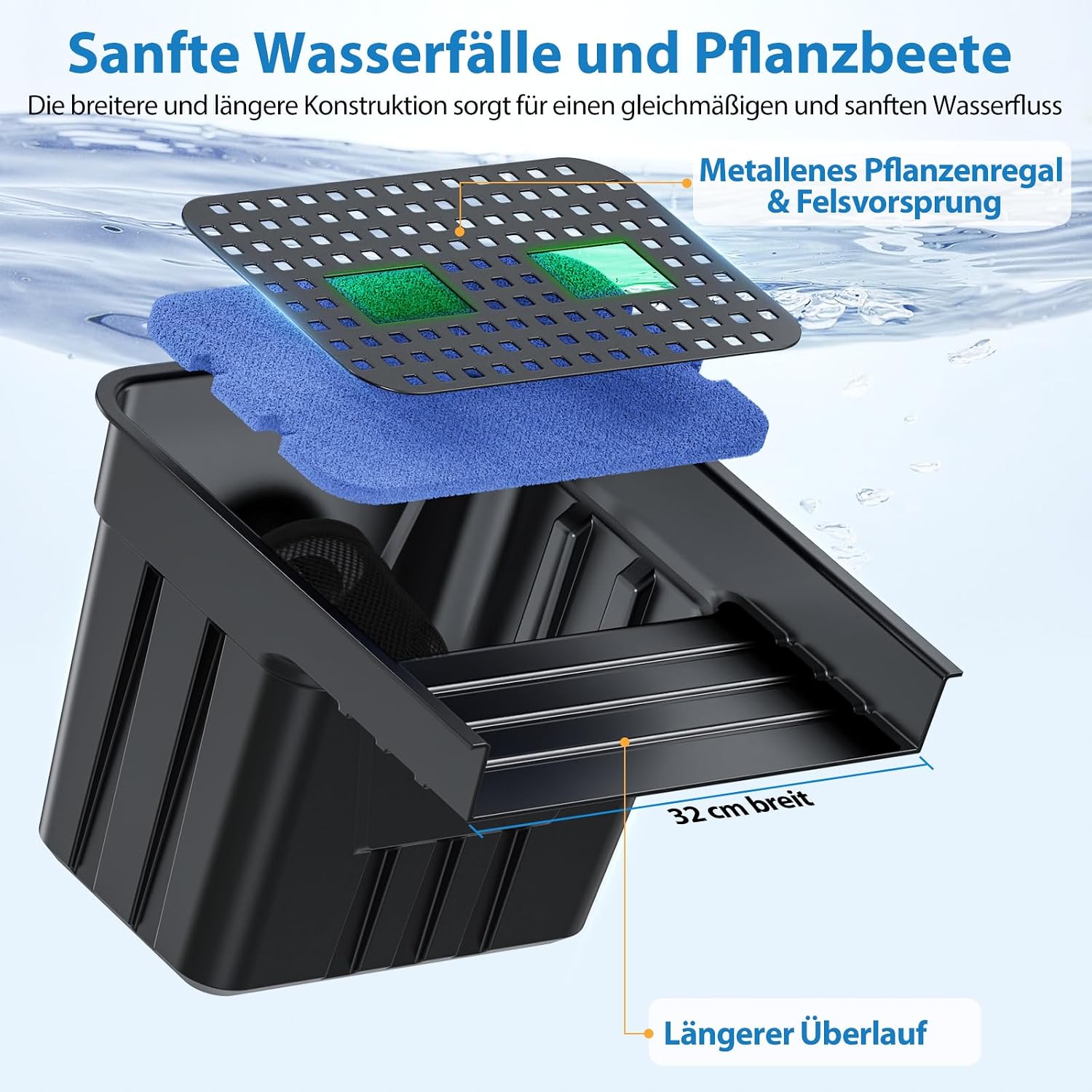 Teich Wasserfall Set P378 mit 4500 l/h Teichpumpe 3 m Wellschlauch Filtermaterial für Gartenteiche