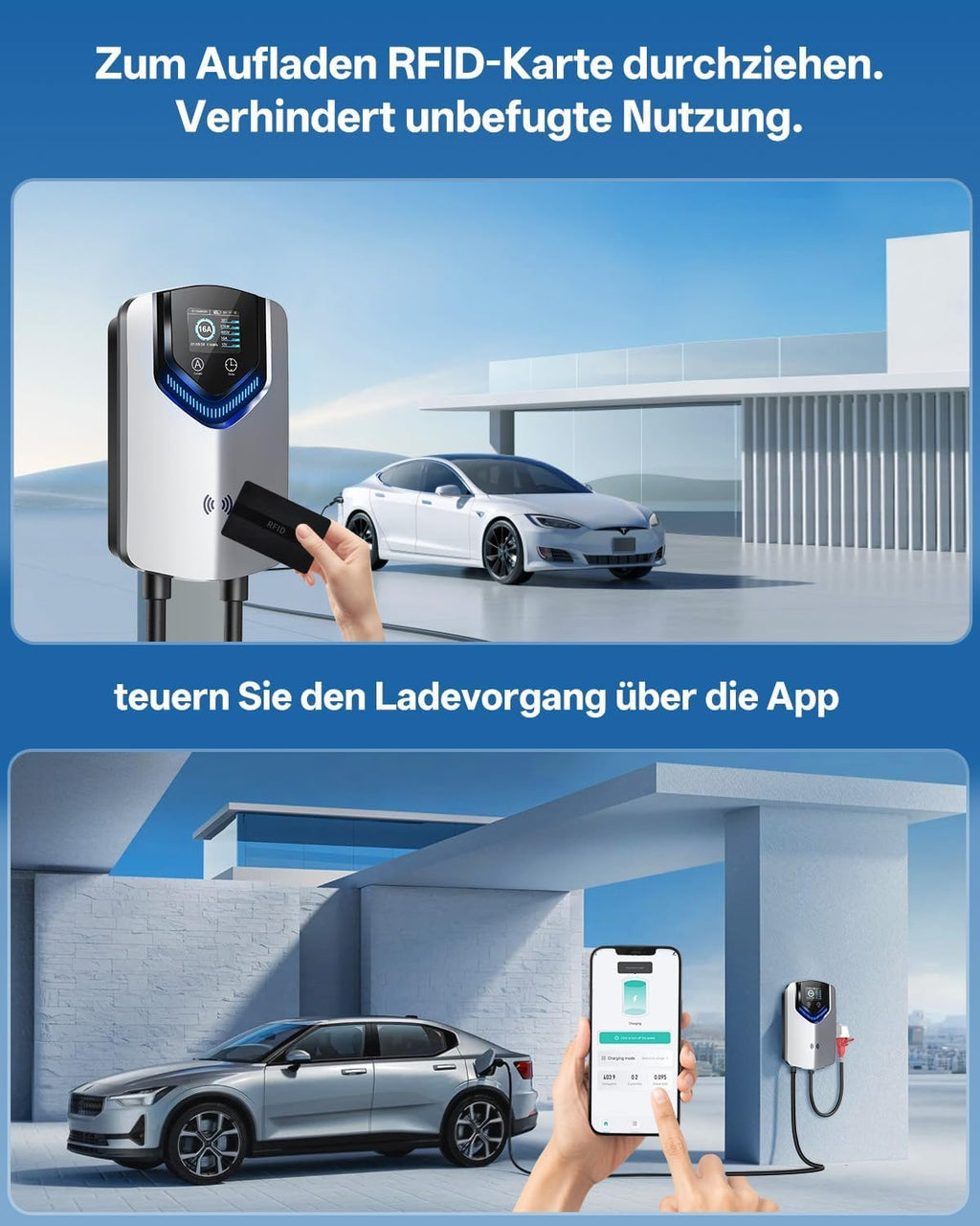 Wallbox Ladegerät Laden APP RFID 11kW 400V 6-16A Typ 2 EV Ladestation 8m Kabel mit Kabelhalter