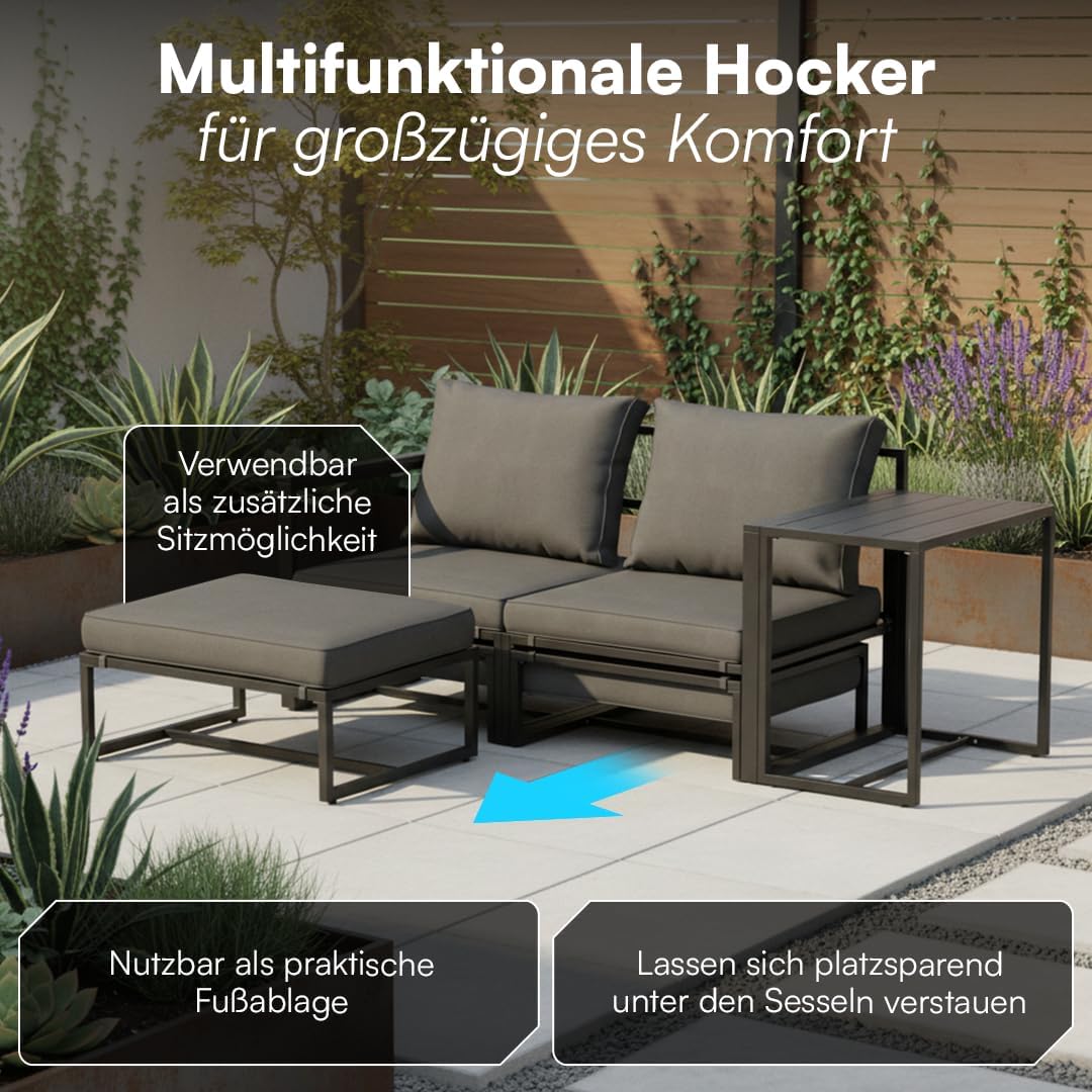 5-teiliges Gartenmöbel Set Asteri Sitzgruppe für 2-4 Personen 2 Sessel 2 Hocker 1 Tisch Metallgestell wetterfest mit Sitzpolstern