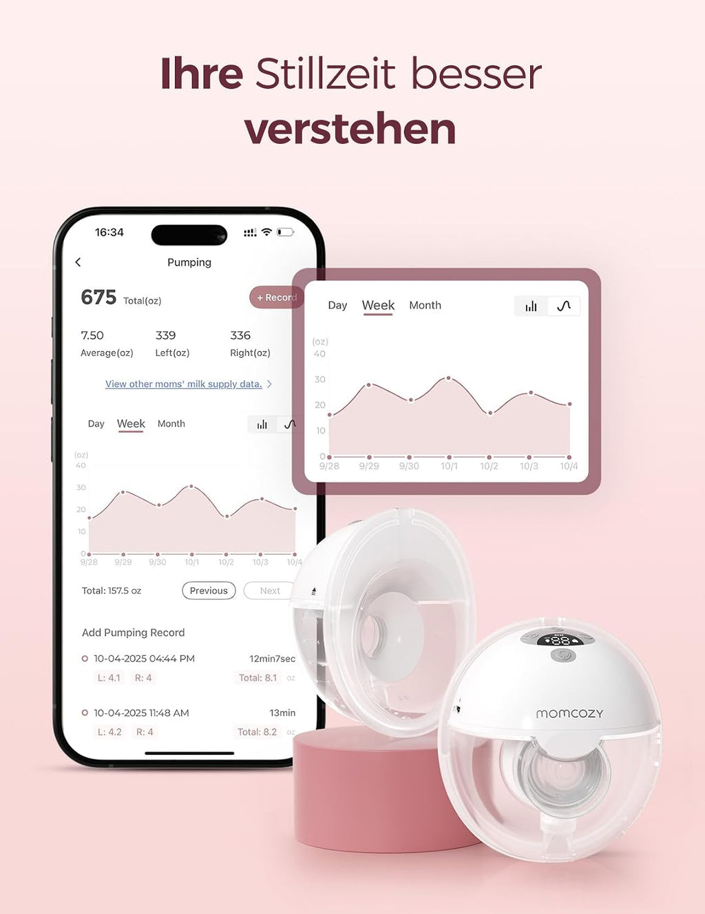 Handsfree Doppel Milchpumpe M5 Smart App Steuerung tragbar 2er Set 3 Modi 9 Stufen wiederaufladbar Grau