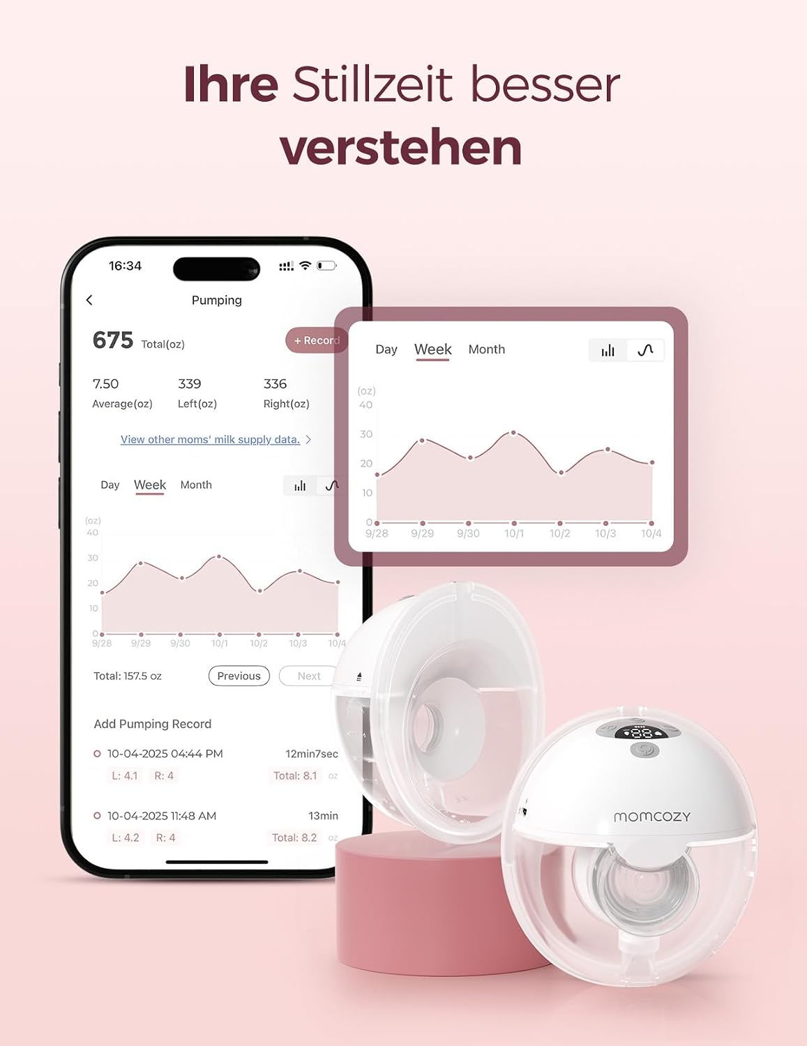 Handsfree Doppel Milchpumpe M5 Smart App Steuerung tragbar 2er Set 3 Modi 9 Stufen wiederaufladbar Grau
