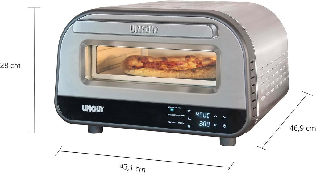 Elektrischer Pizzaofen LUIGI 68816 Edelstahl 450°C Pizzastein 1700W 9,7L kompakter Ofen für schnelle Pizza Backzeit