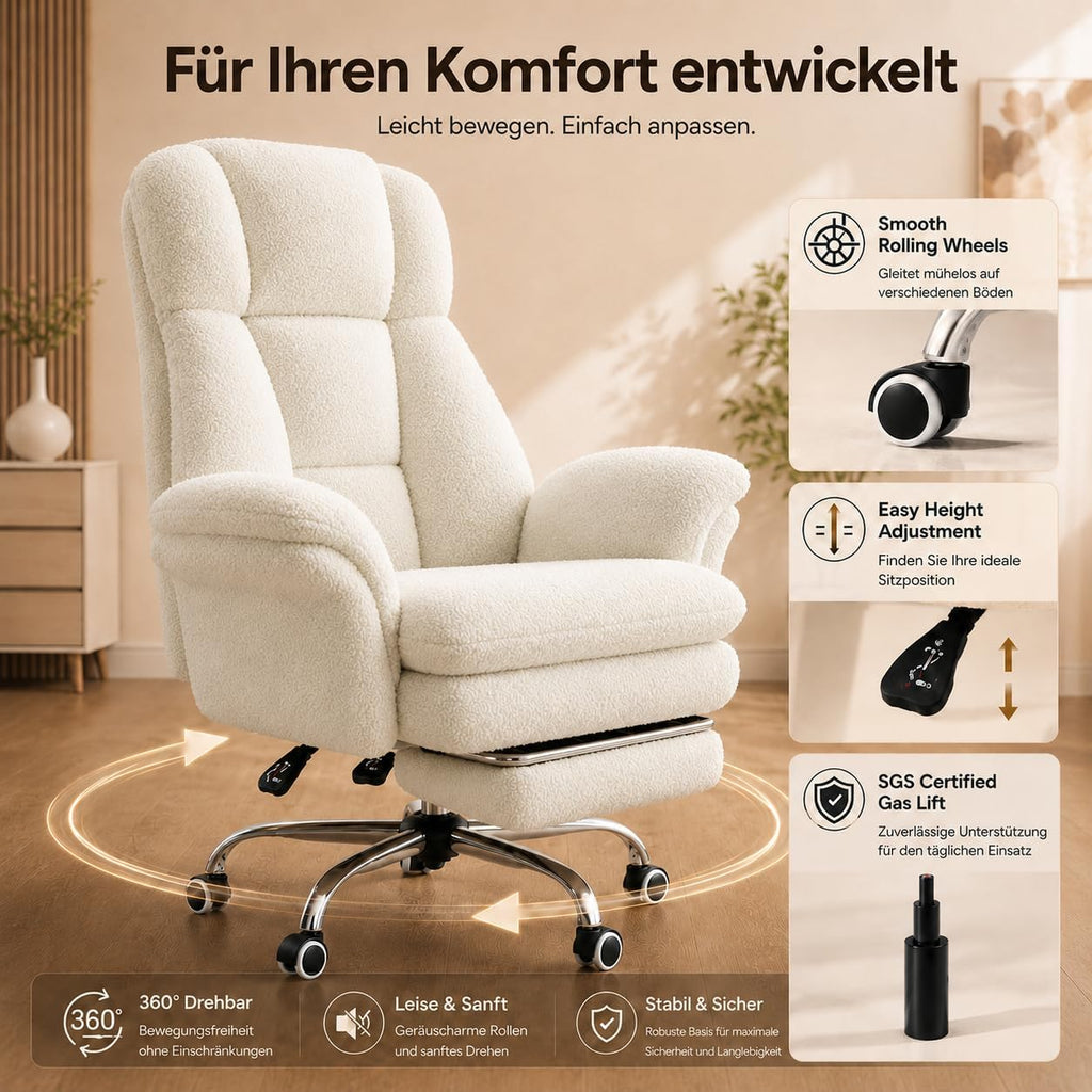 Bürostuhl mit Fußstütze Modell BGY01 Teddy Stoff Drehstuhl 135° verstellbare Rückenlehne extra breiter Sitz Home Office