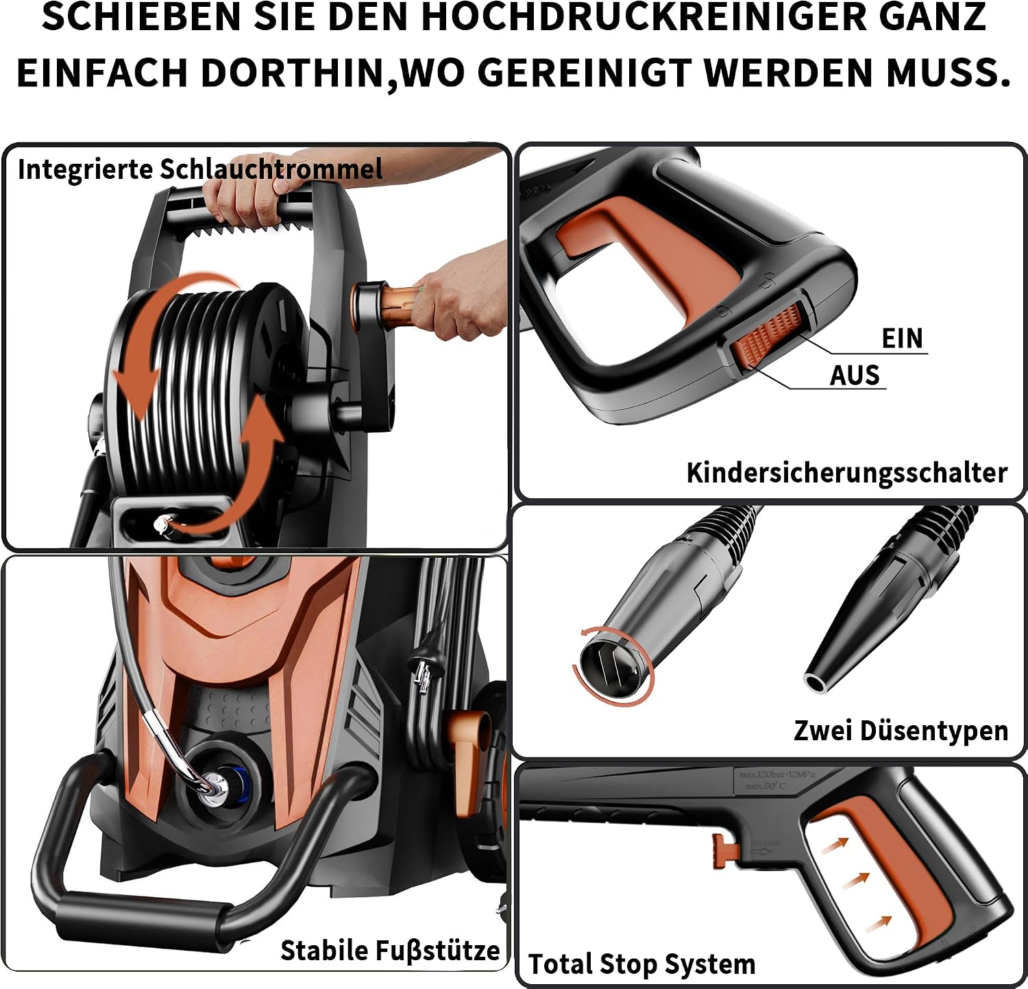 Hochdruckreiniger 180 Bar 450 l/h mit 7 m Hochdruckschlauch Schlauchtrommel 500 ml Reinigungsmittelbehälter 6-in-1-Düse