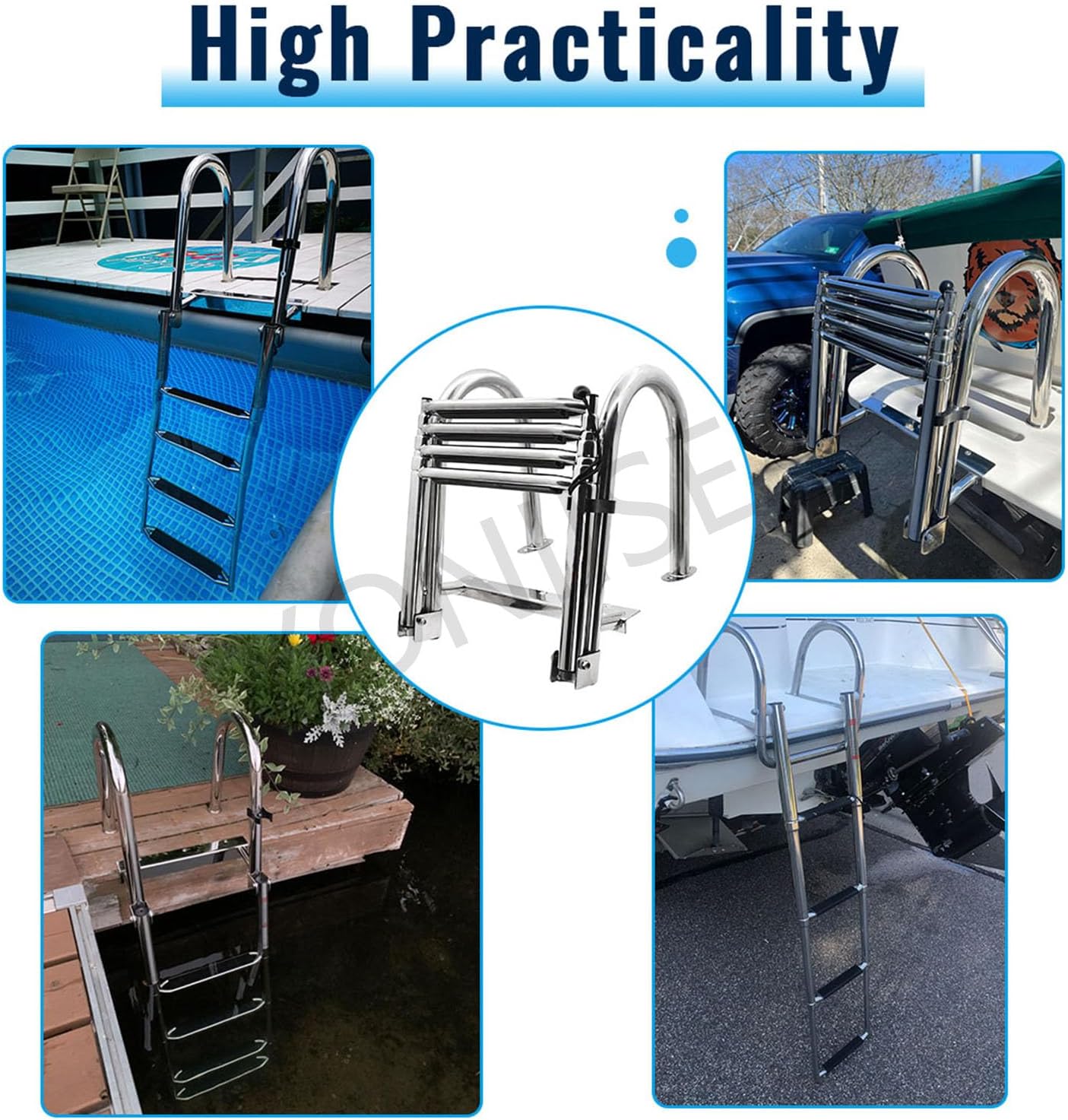 Edelstahl Poolleiter Klappbar 4 Stufen Ausziehbar 120-150 cm Poolhöhe Rutschfeste Stufen Handlauf Traglast 220 kg