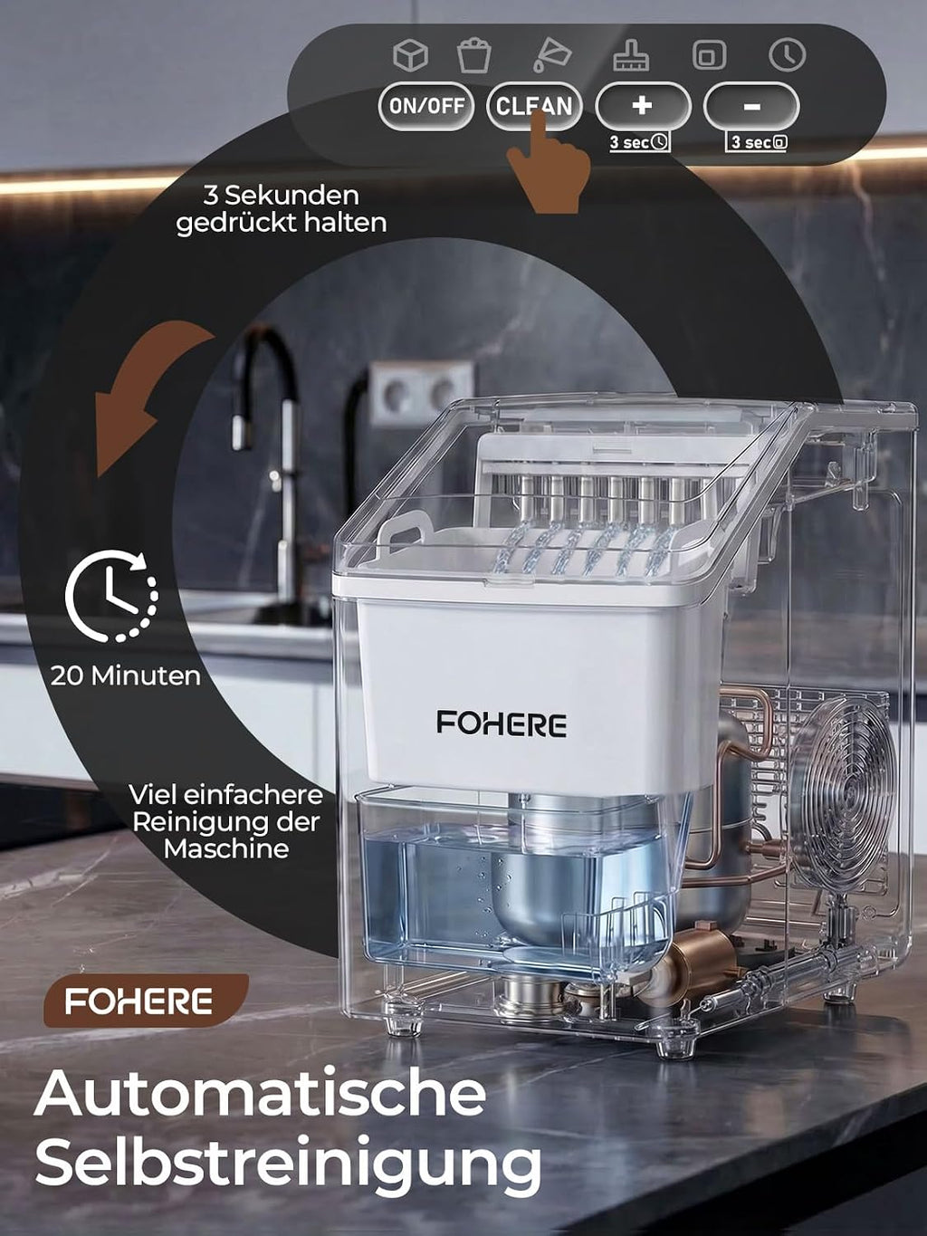 Eiswürfelmaschine Edelstahl 24 kg 24h 3,2 L Wassertank 24 Eiswürfel in 10 Minuten 40 dB Selbstreinigung Timer Abtaufunktion