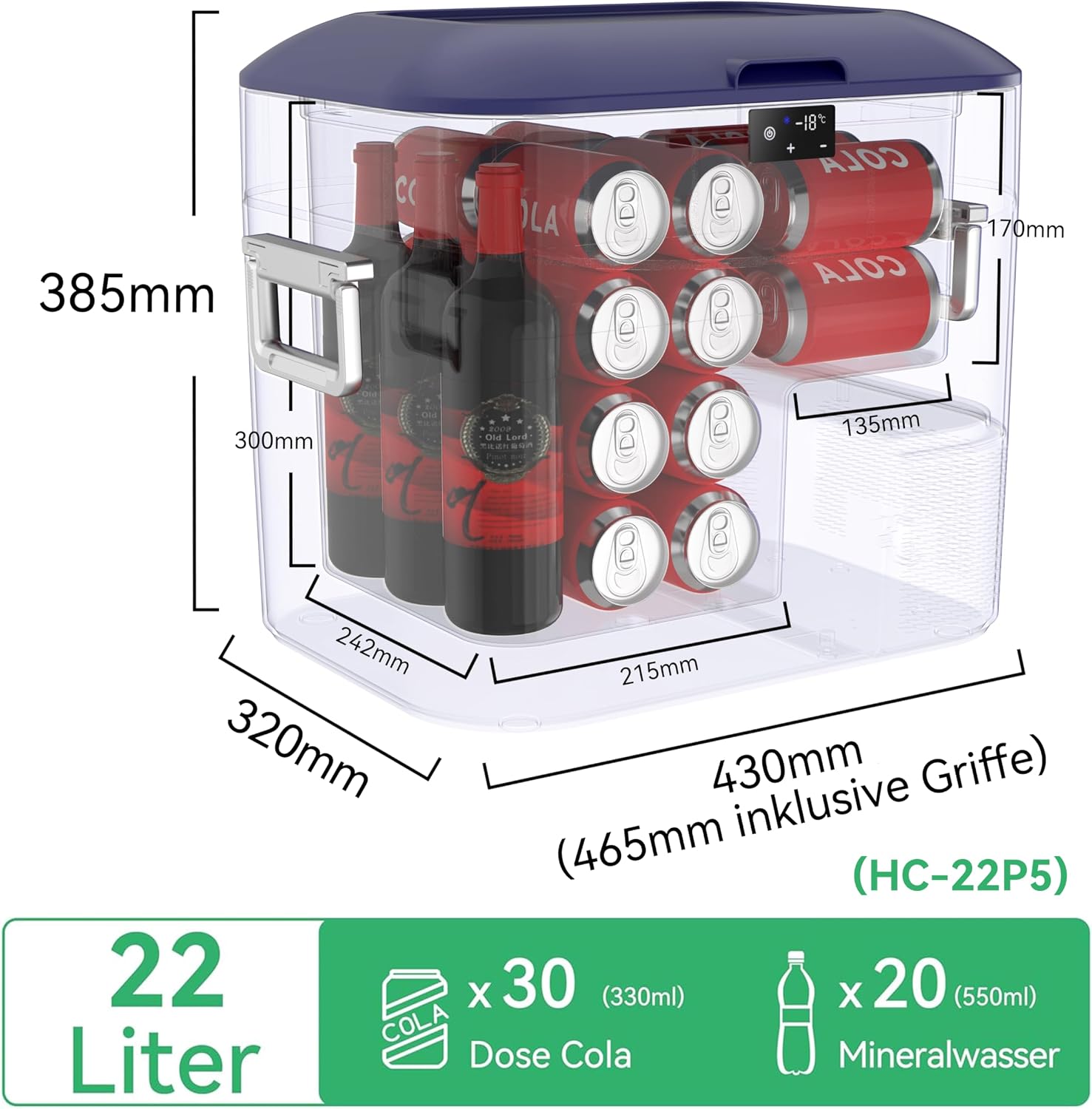 Kompressor Kühlbox HC-22P5 22L tragbarer Auto Kühlschrank mit 12/24V DC 230V AC und Gefrierfunktion